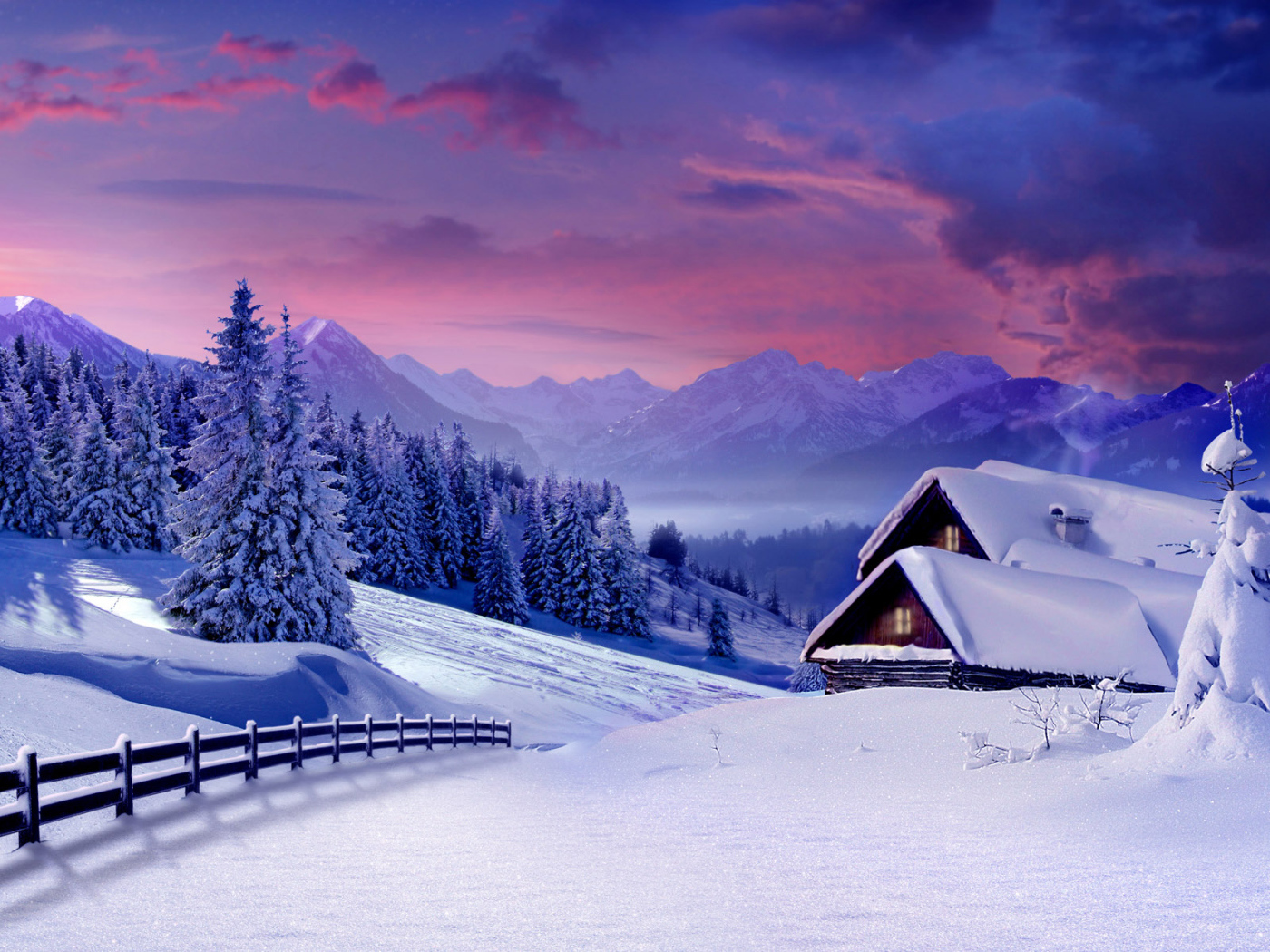 Pink sunset in the winter mountains Desktop wallpaper 1400x1050