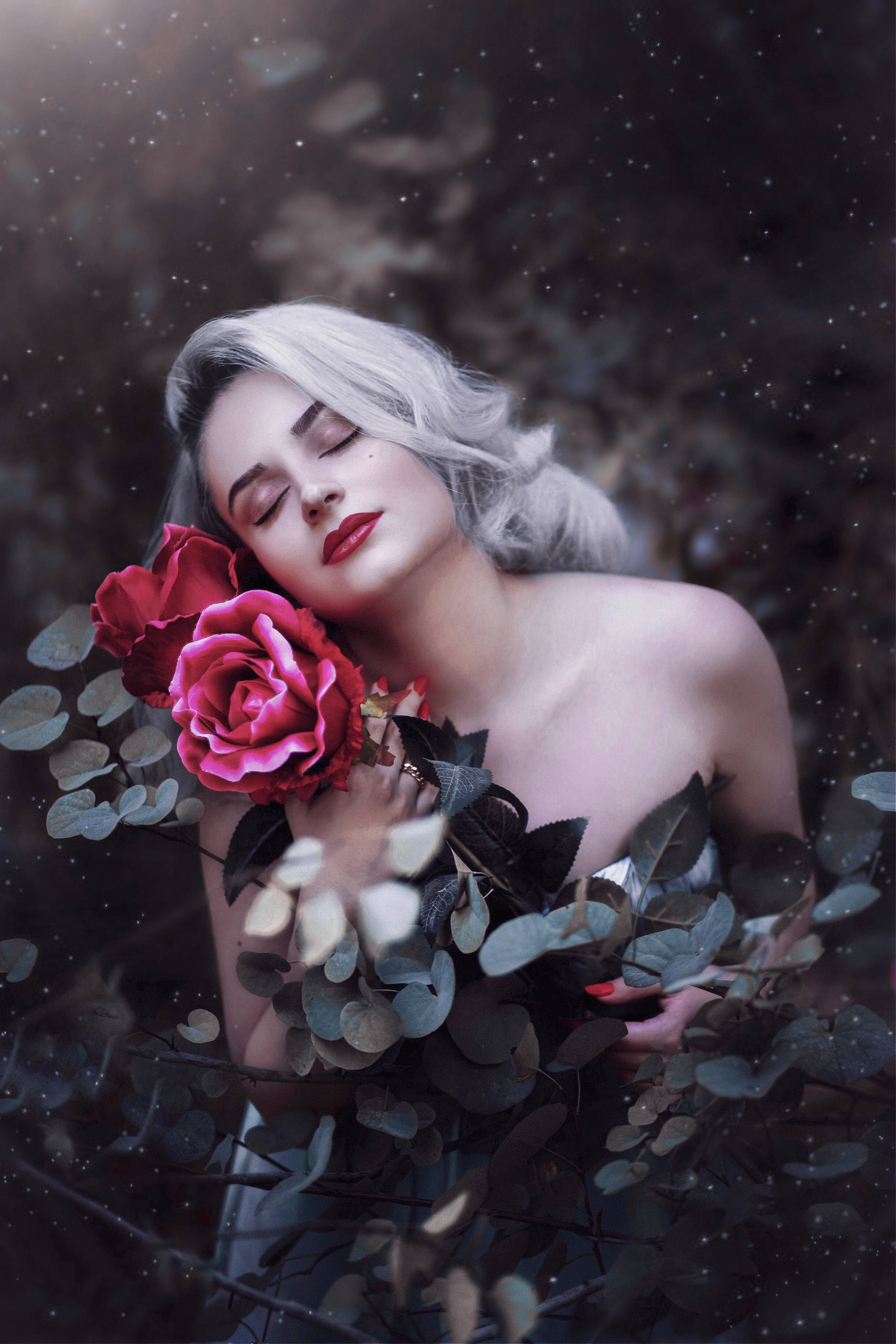 Download Woman With Rose Flowers Wallpaper