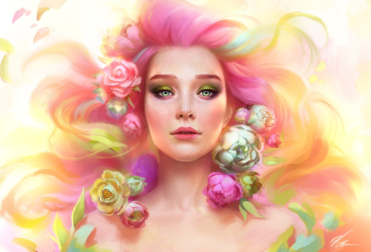 Splash of spring fantasy beautiful green eyes girl flower wallpaperx978