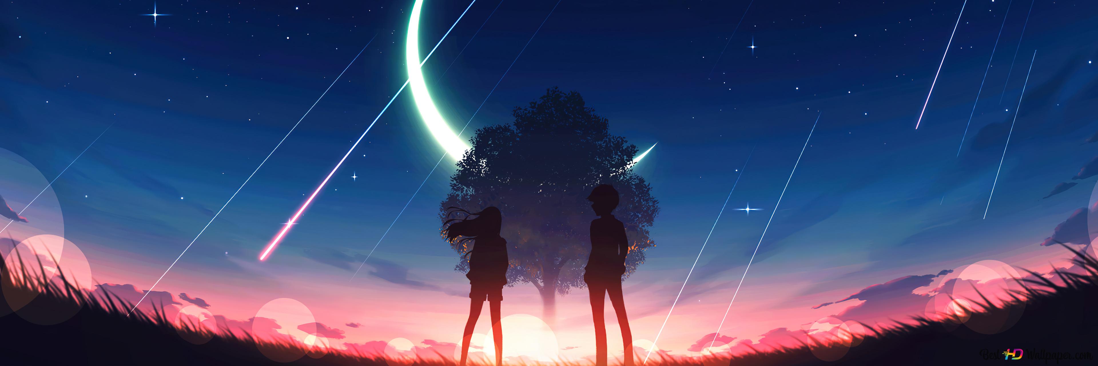 Anime Couples watching shooting stars 4K wallpaper download