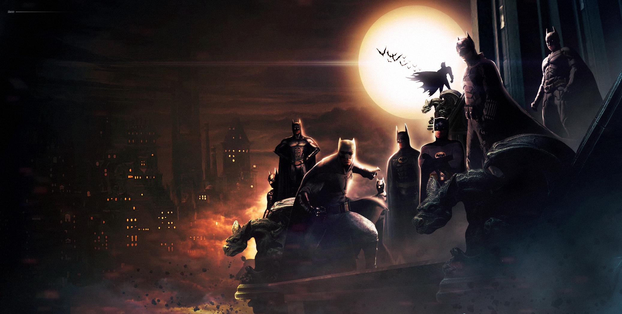 I created a wallpaper with many versions of the caped crusader in anticipation for The Batman coming out this week, had to include Gotham's version behind Affleck and Keaton in
