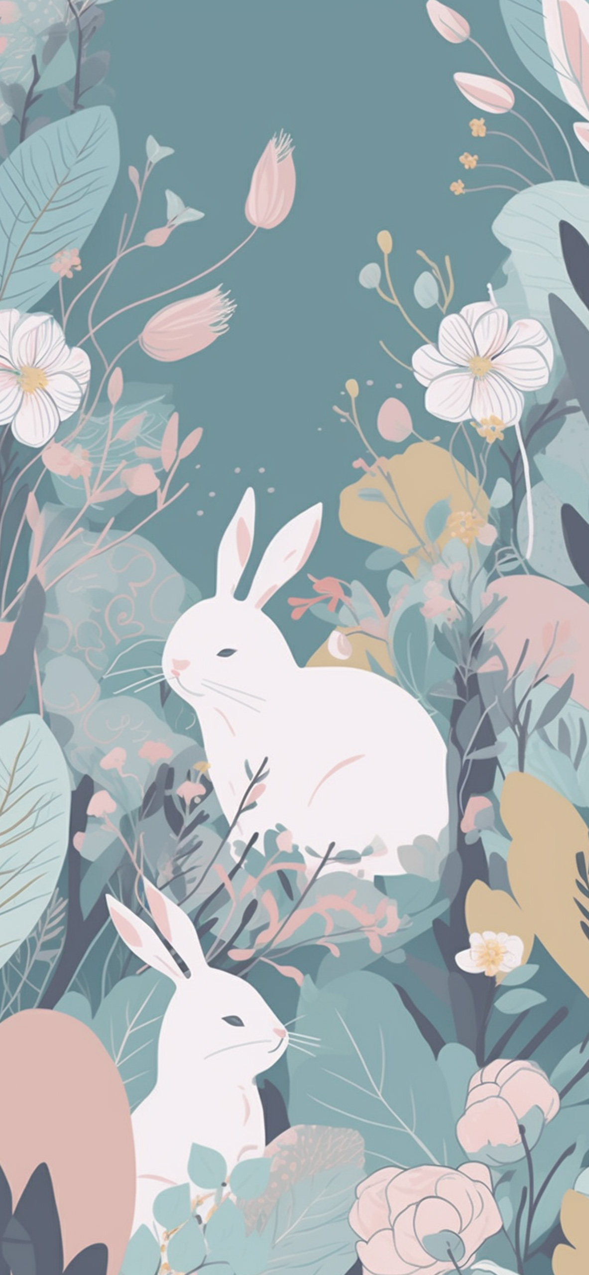 White Bunnies & Flowers Pastel