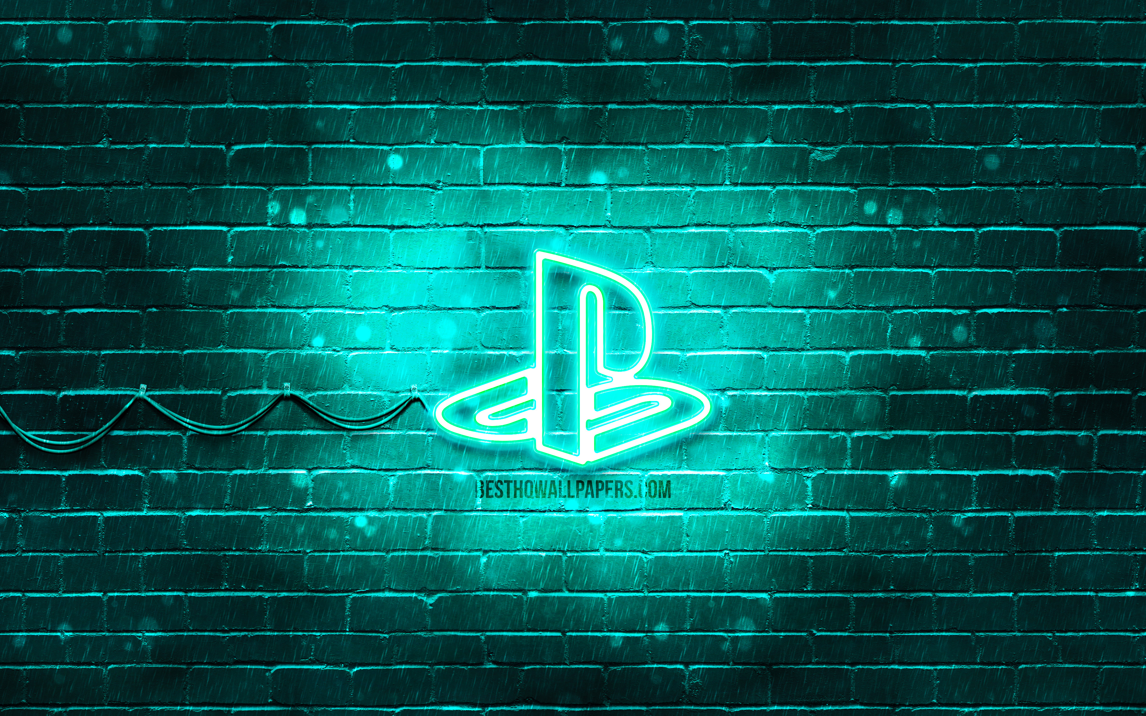 Download wallpaper PlayStation turquoise logo, 4k, turquoise brickwall, PlayStation logo, brands, PlayStation neon logo, PlayStation for desktop with resolution 3840x2400. High Quality HD picture wallpaper