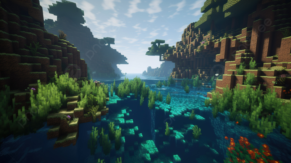 An Ocean And Mountains In A Minecraft World Background, Picture Of Marine Biome Background Image And Wallpaper for Free Download