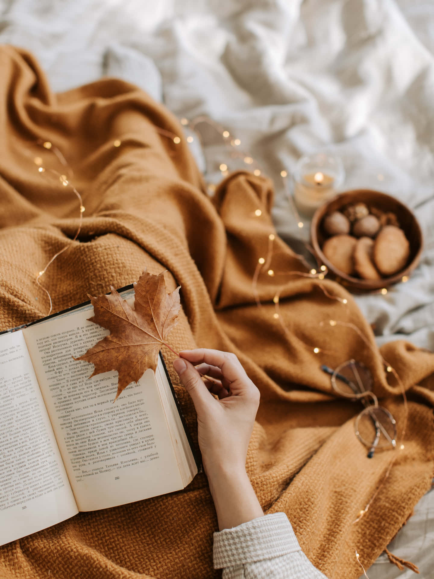 Download Cozy Autumn Leaf Bookmark Aesthetic Wallpaper