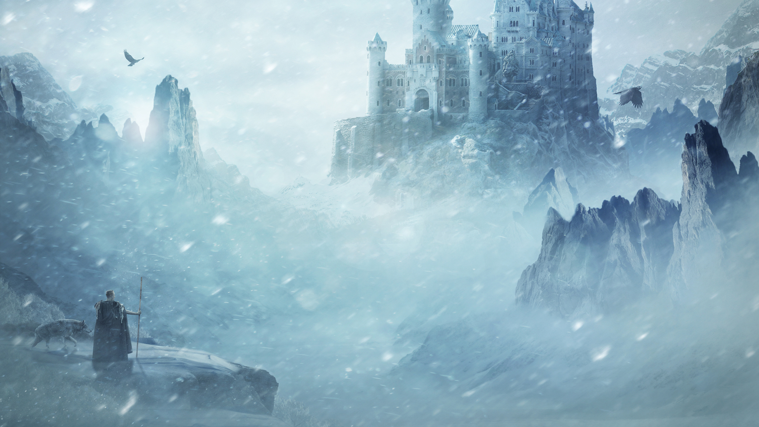 image Warriors castle Winter Fantasy Snow animal 2560x1440