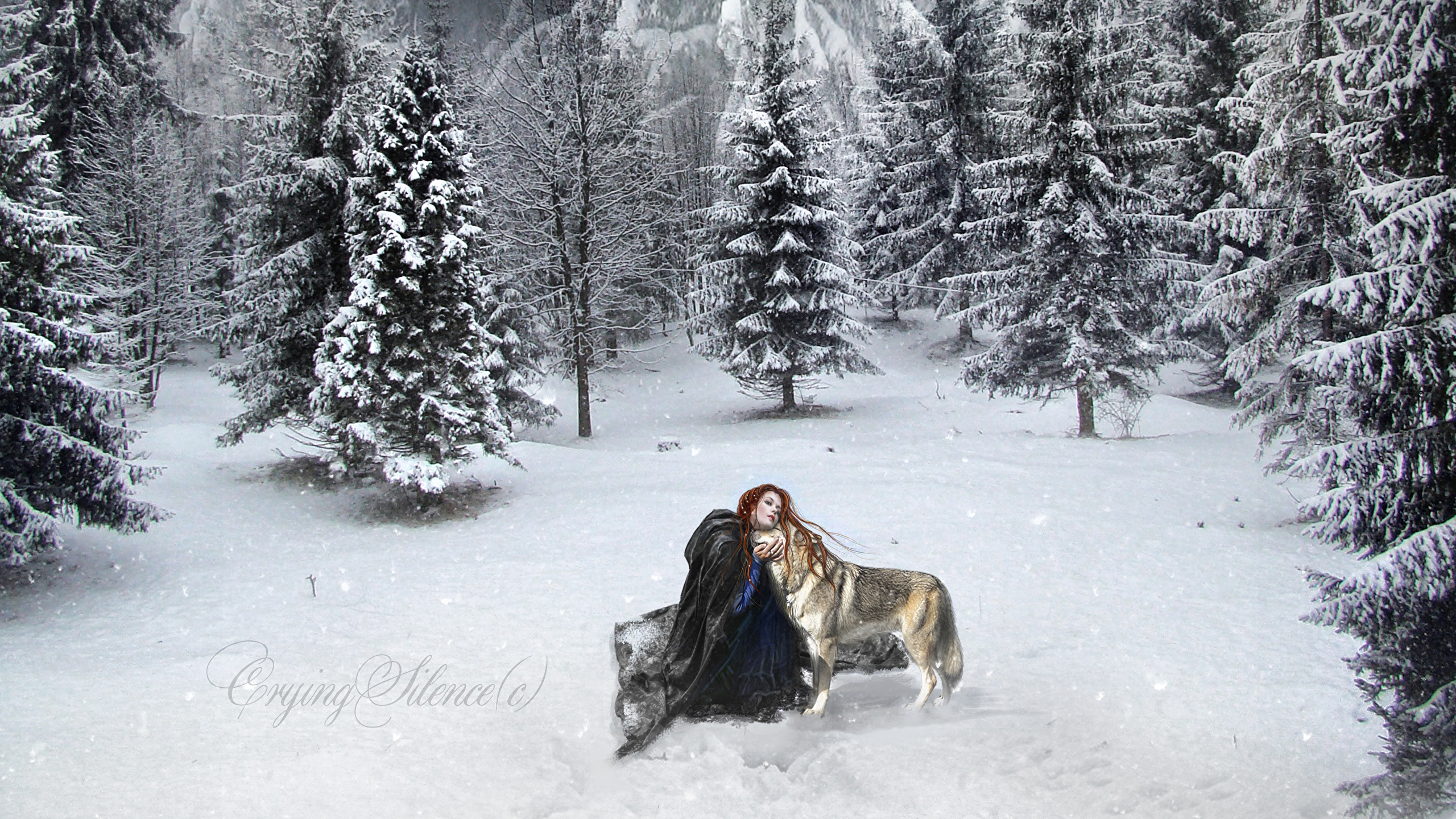 image Wolves Winter Spruce Fantasy Snow 2560x1440