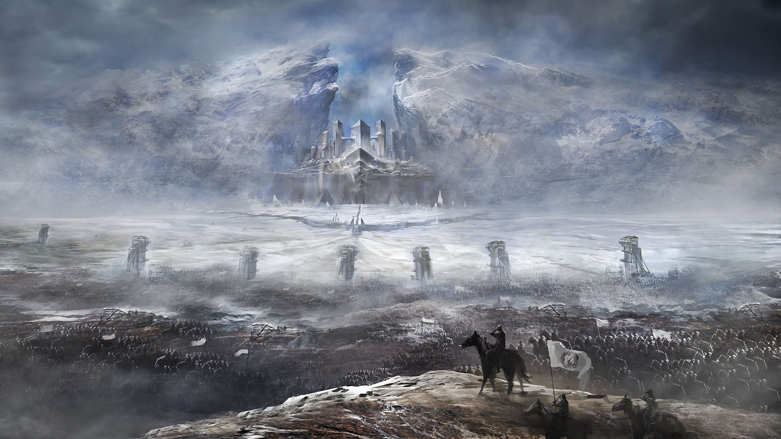 Wallpaper Fortress Warriors Cliff Winter Fantasy 2560x1440