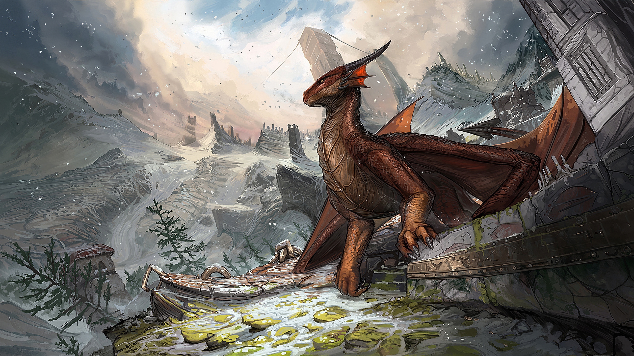Wallpaper Dragon, Winter, Fantasy Creature, Artwork, Concept Art:2560x1440