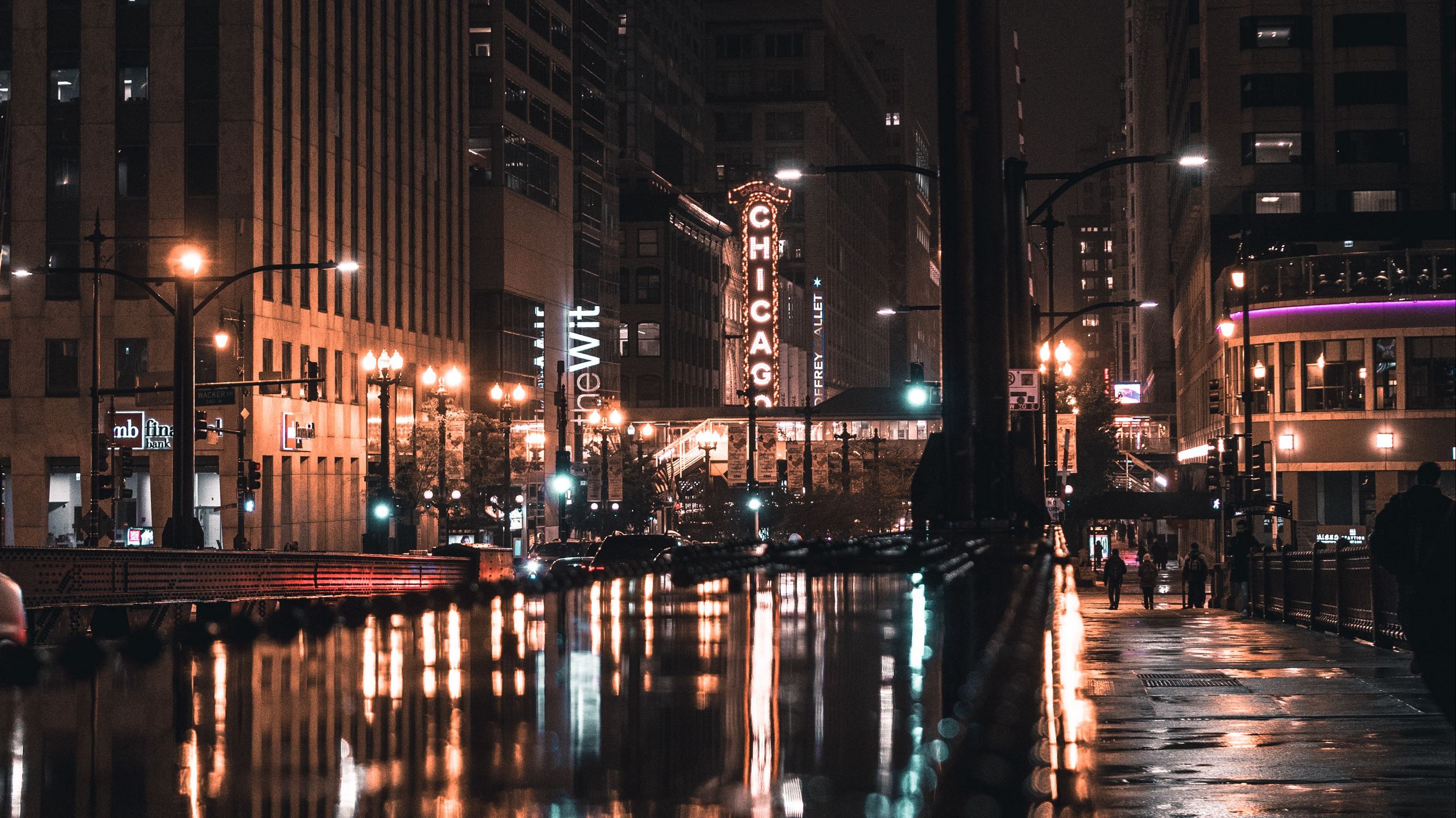 Download wallpaper 2560x1440 night city, street, city lights, architecture, chicago, usa widescreen 16:9 HD background