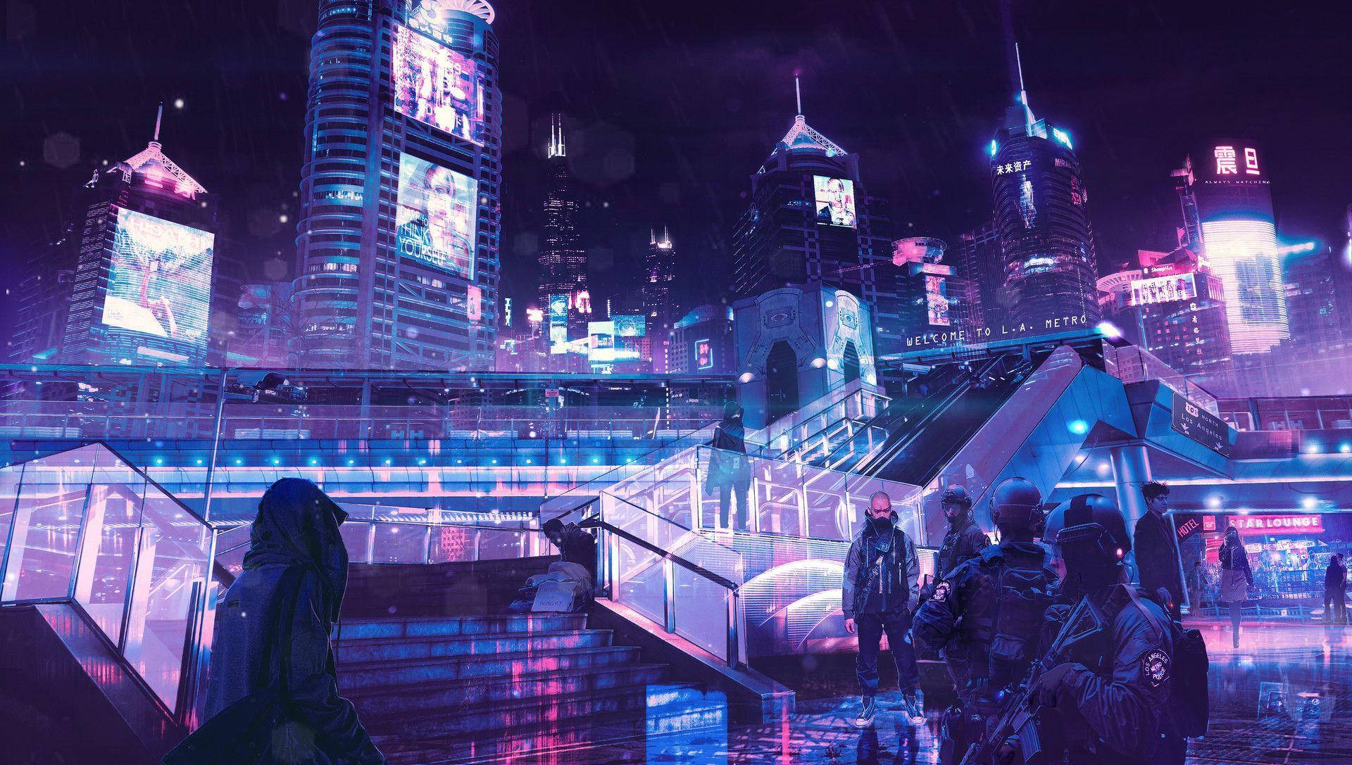 Download A breathtaking view of downtown Anime Night City Wallpaper