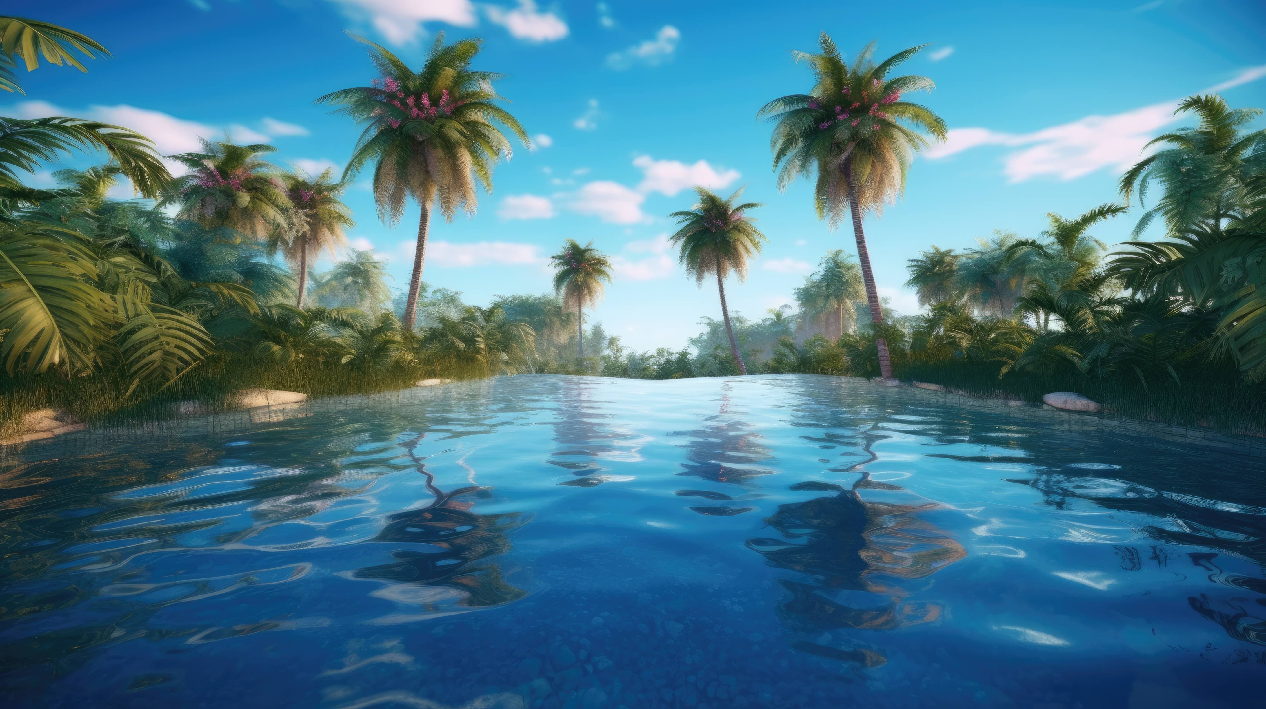 A 4K Ultra HD Wallpaper Depicting A Heart Shaped Pool Filled With Crystal Clear Water, With A Couple Swimming And Holding Hands