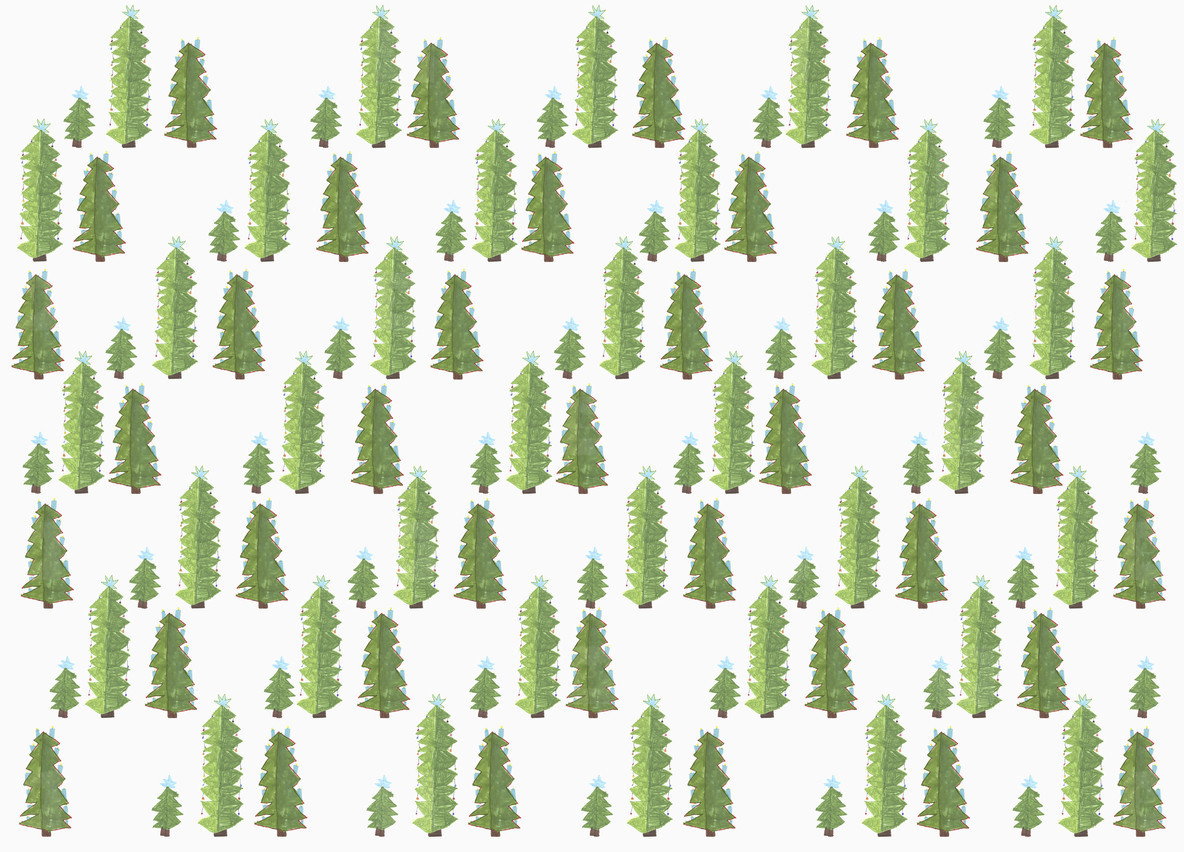Childs drawing green Christmas tree pattern on white background