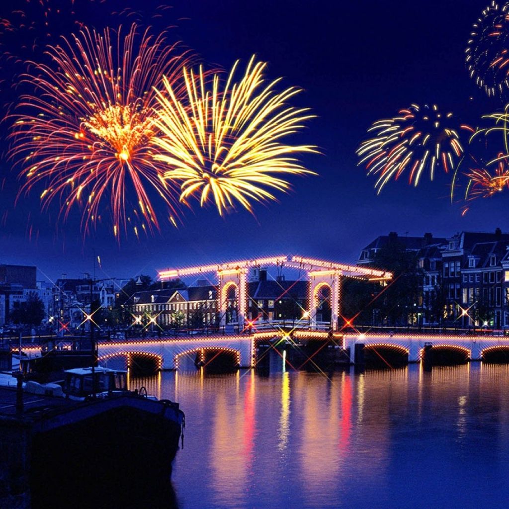Colorful Firework Over City Bridge iPad Wallpaper Download. iPhone Wallpaper, iPad wallpaper. Happy new year 2016, Happy new year wallpaper, New year wallpaper