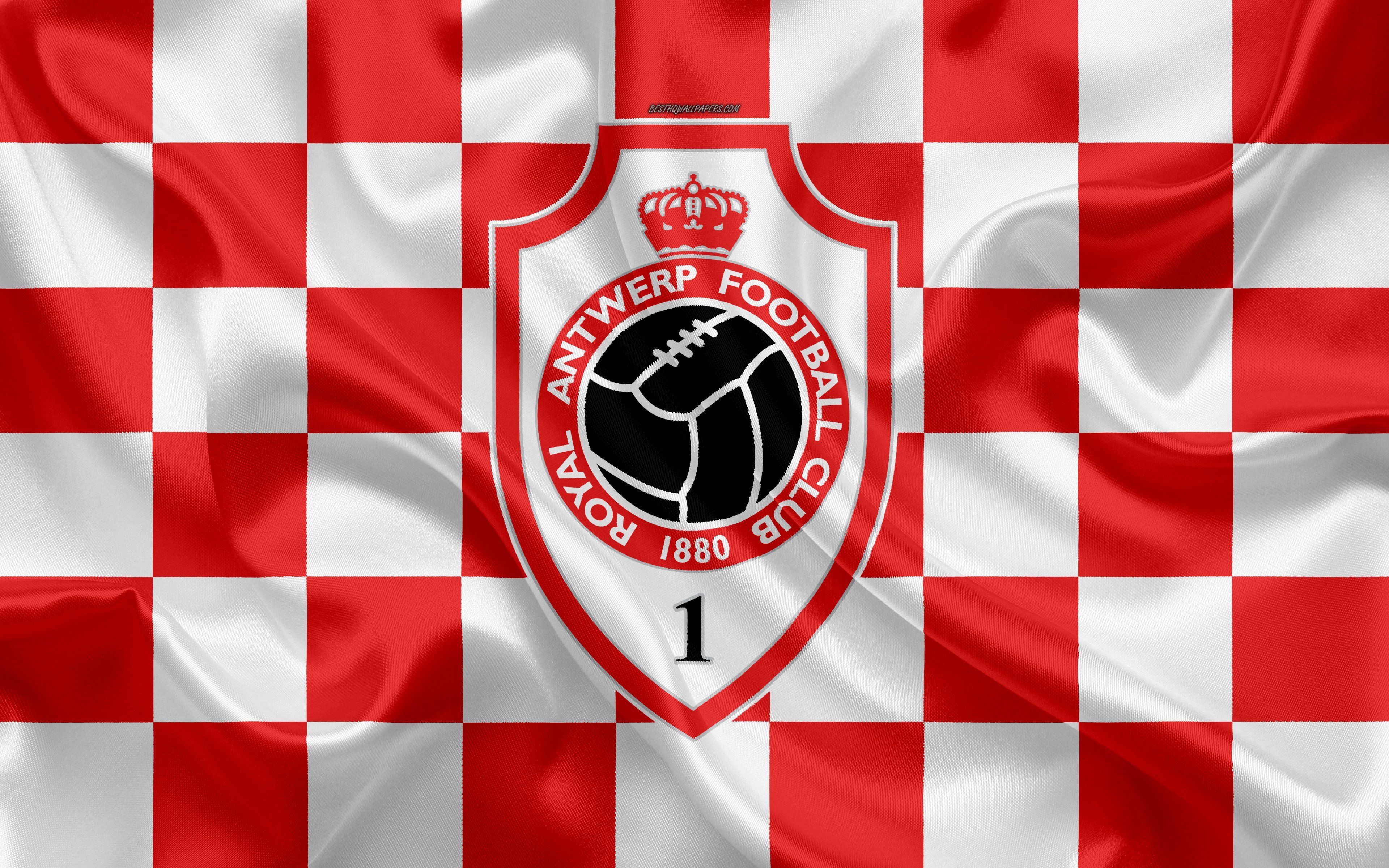 Download wallpaper Royal Antwerp FC, 4k, logo, creative art, white, red checkered flag, Belgian football club, Jupiler Pro League, Belgian First Division A, emblem, silk texture, Antwerp, Belgium, football for desktop with