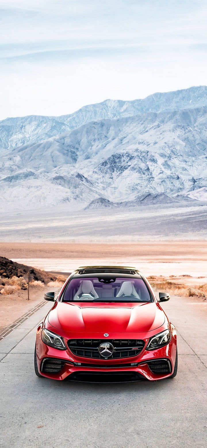 Red Mercedes parked on the street 4K wallpaper [2610x5655] and [1080x2340]