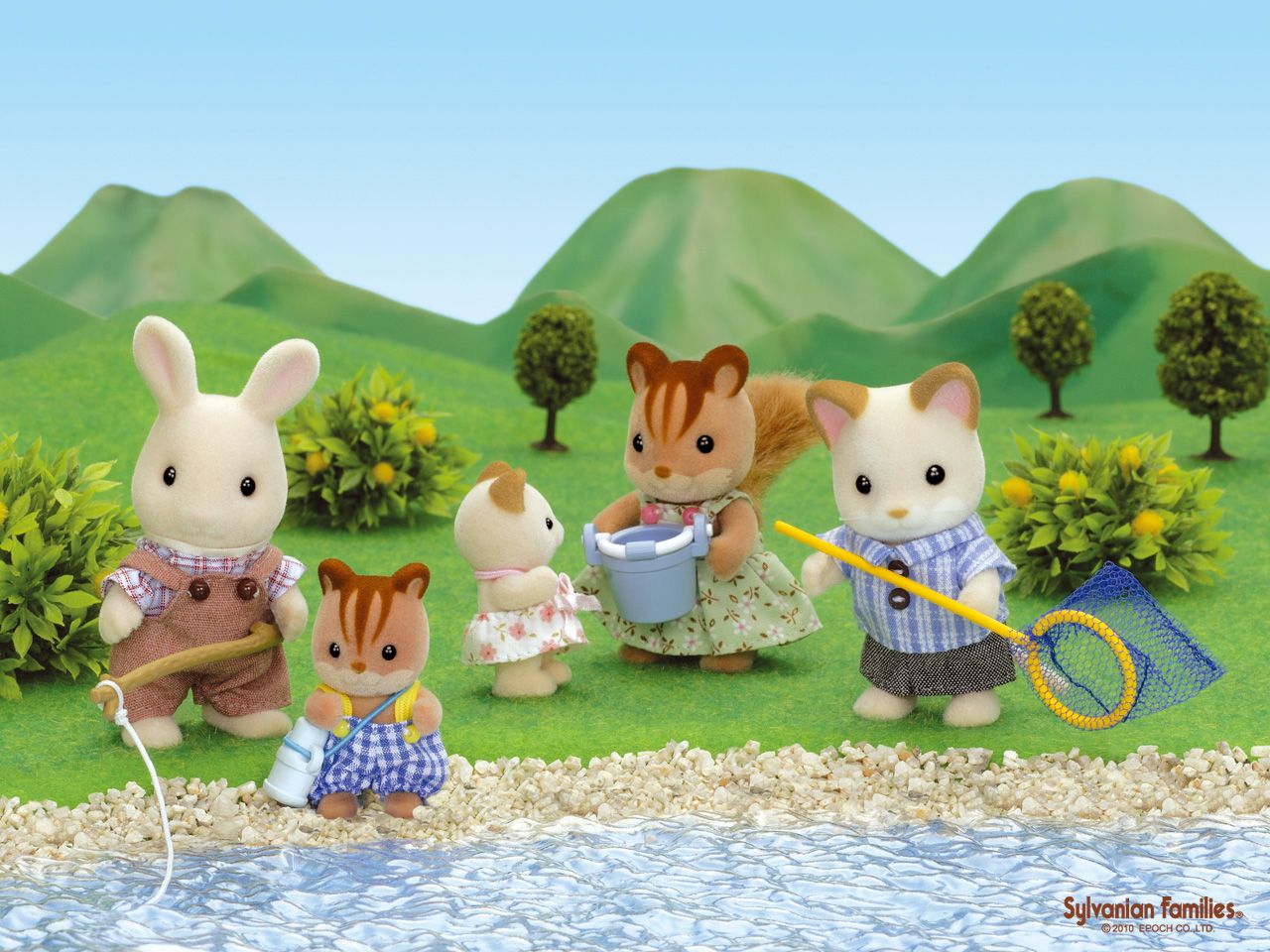 Sylvanian Families Snow Warren White Rabbit, Walnut Squirrels and Keats Cream Cats fishing trip. click. Calico critters families, Sylvanian families, Cute family