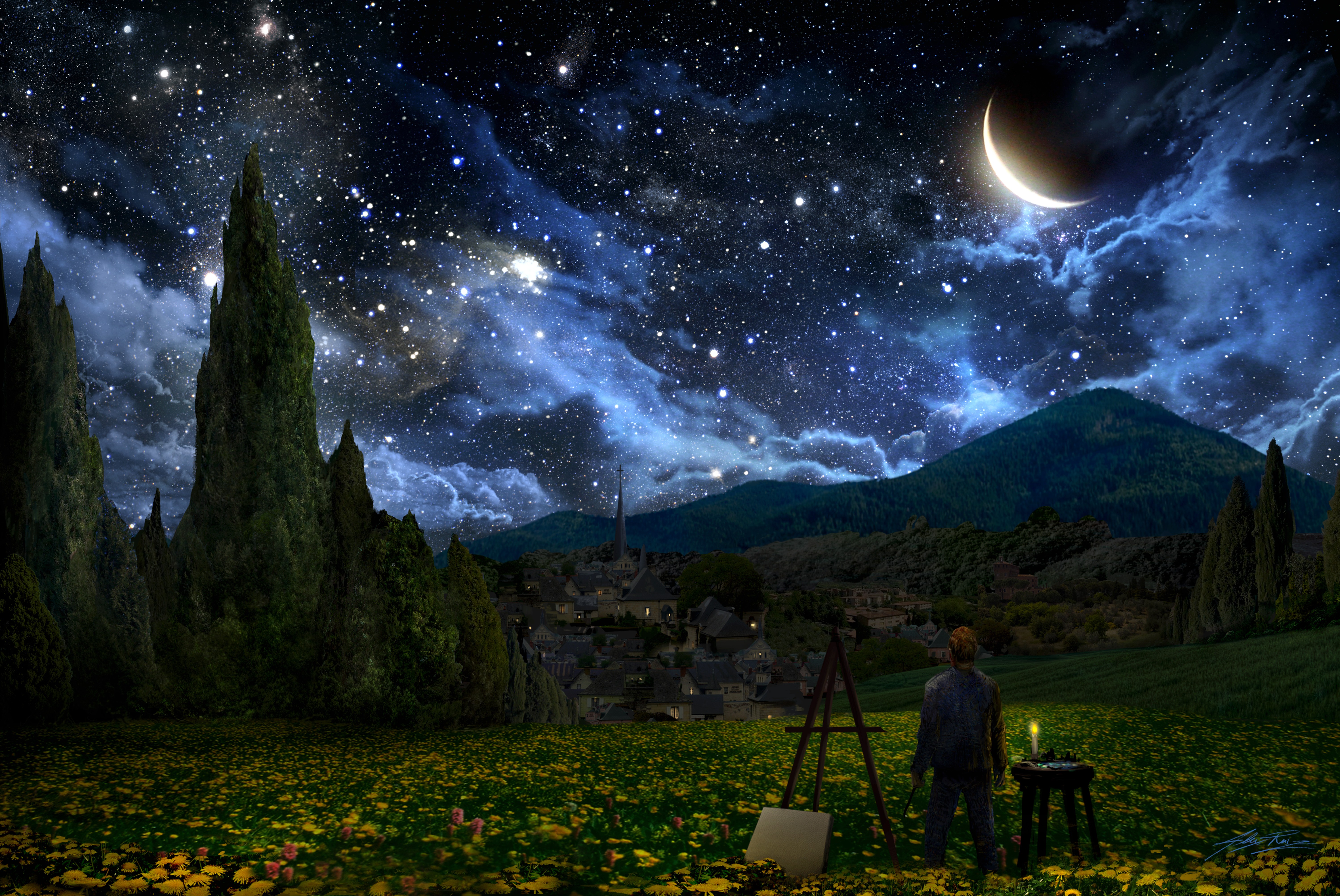 Wallpaper, landscape, night, stars, moonlight, atmosphere, Vincent van Gogh, The Starry Night, crescent moon, painters, screenshot, computer wallpaper, astronomical object 5997x4013