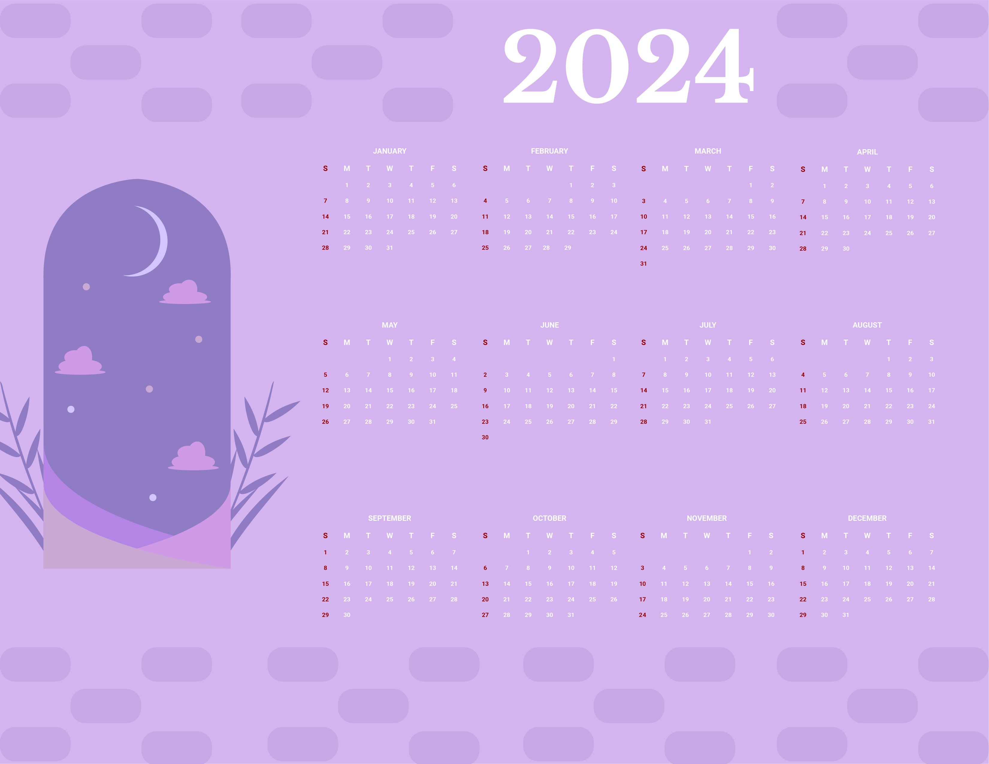 Free Pretty Year 2024 Calendar in Word, Google Docs, Illustrator, EPS, SVG, JPG