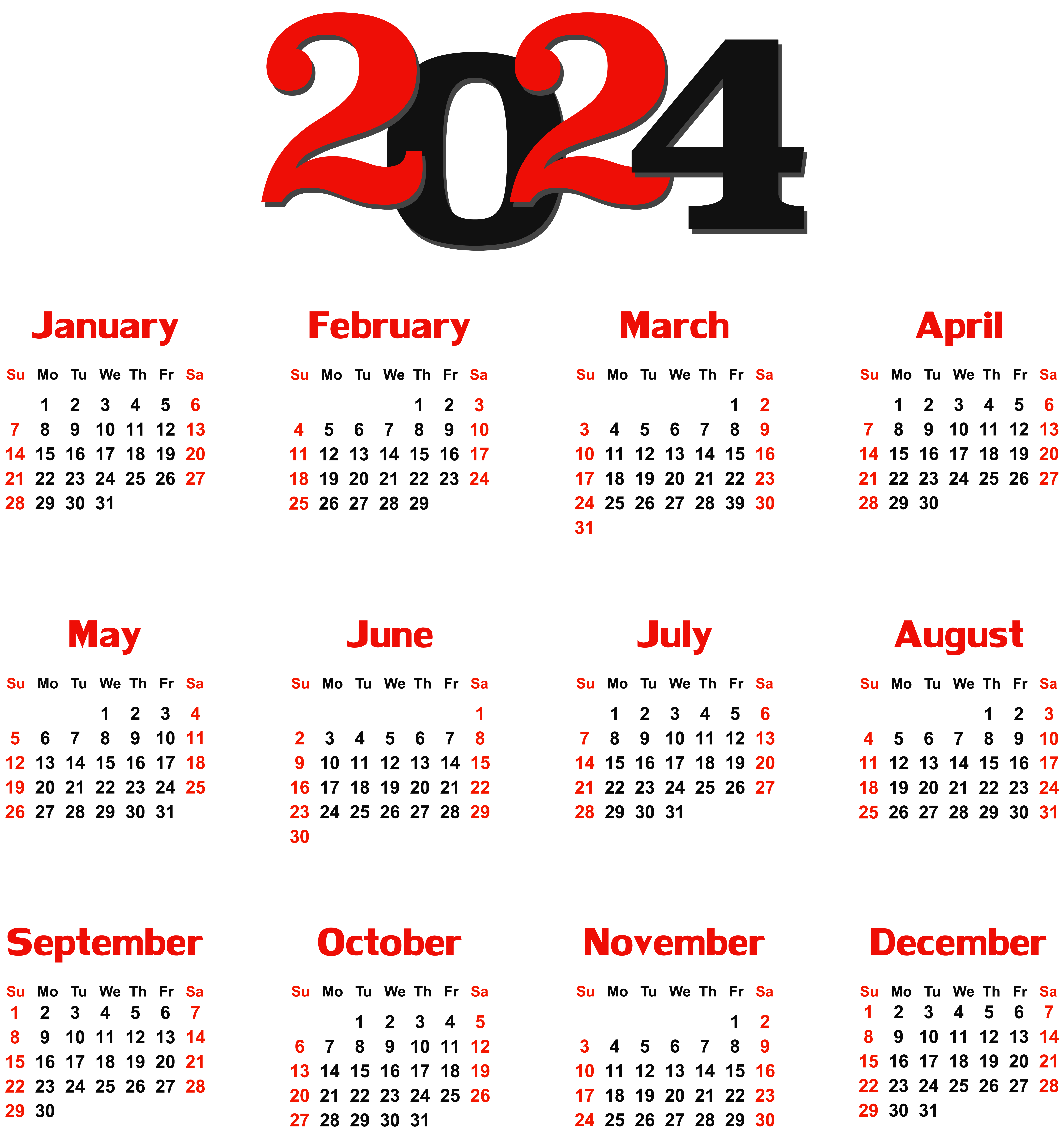 2024 Calendar Black Transparent PNG Clip Art​-Quality Free Image and Transparent PNG Clipart