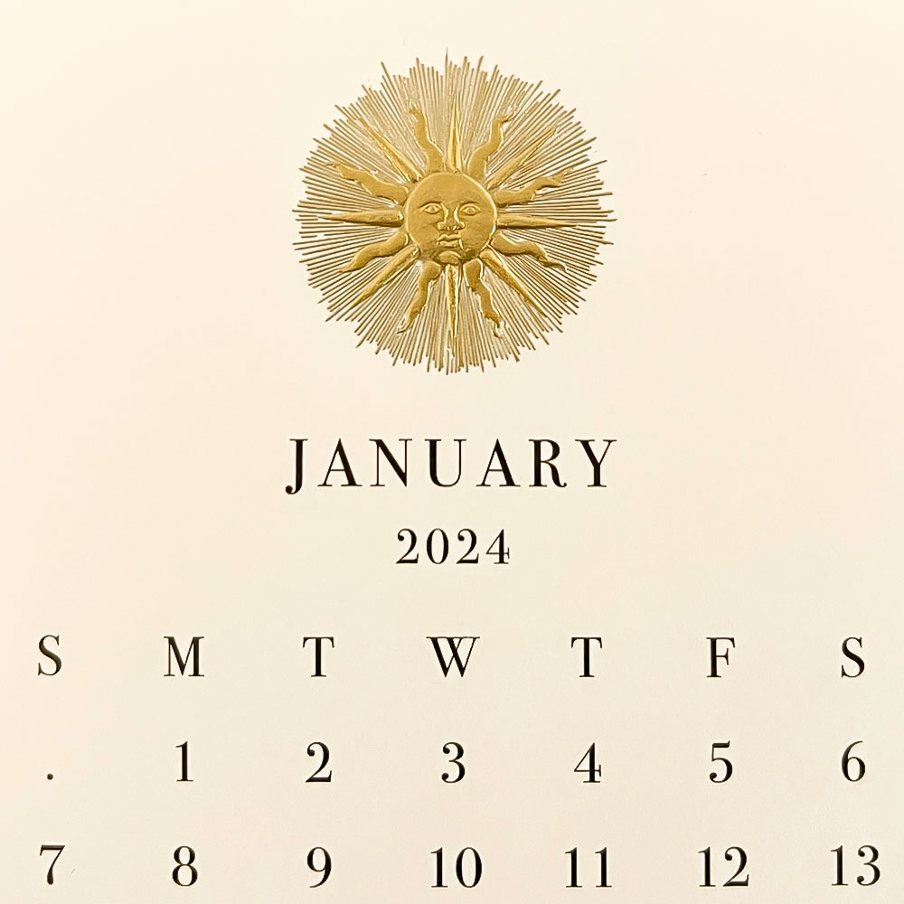 The Printery 2024 Ecru Calendar with Brass Easel. Kneen & Co