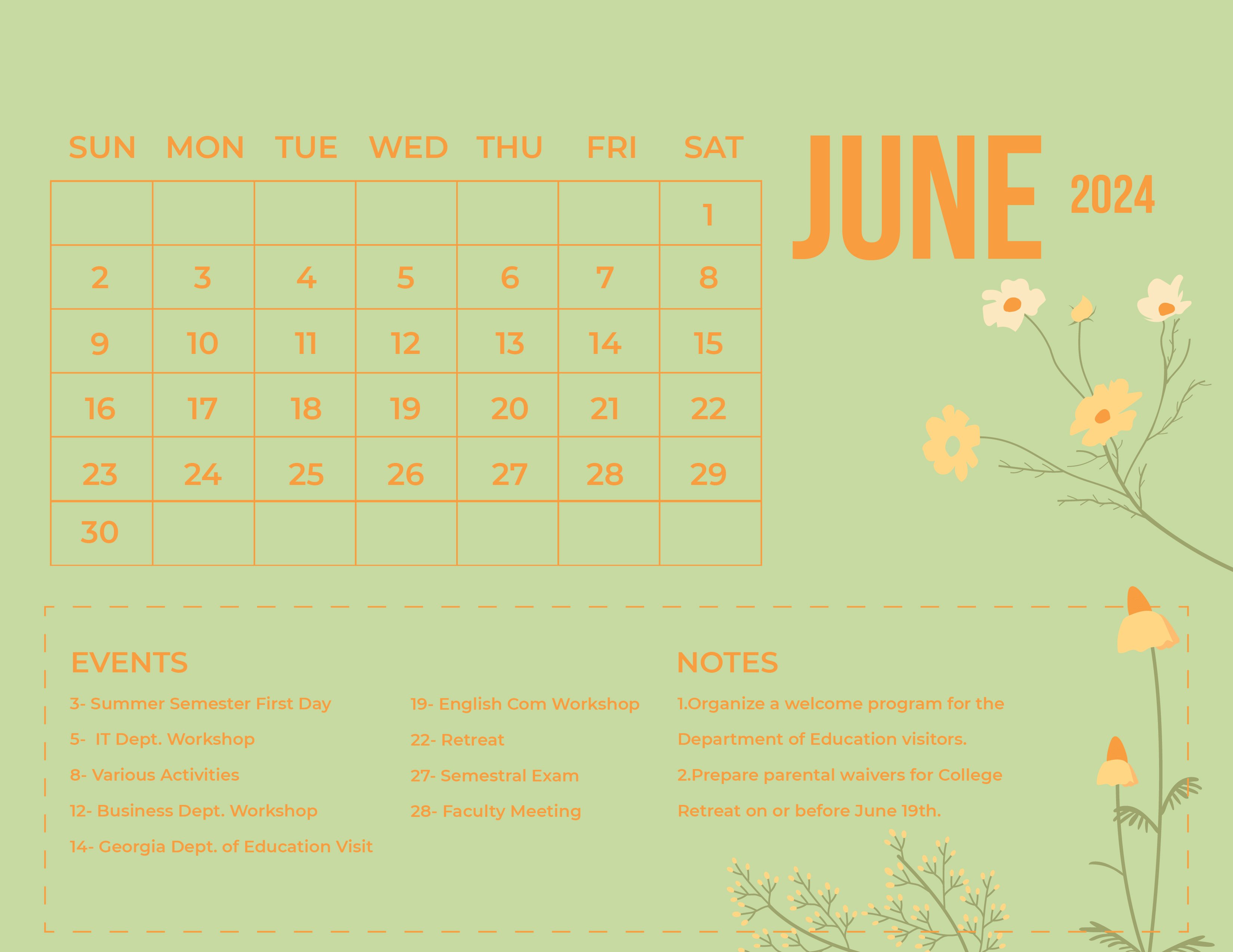 Floral June 2024 Calendar in Word, Illustrator, EPS, SVG, JPG