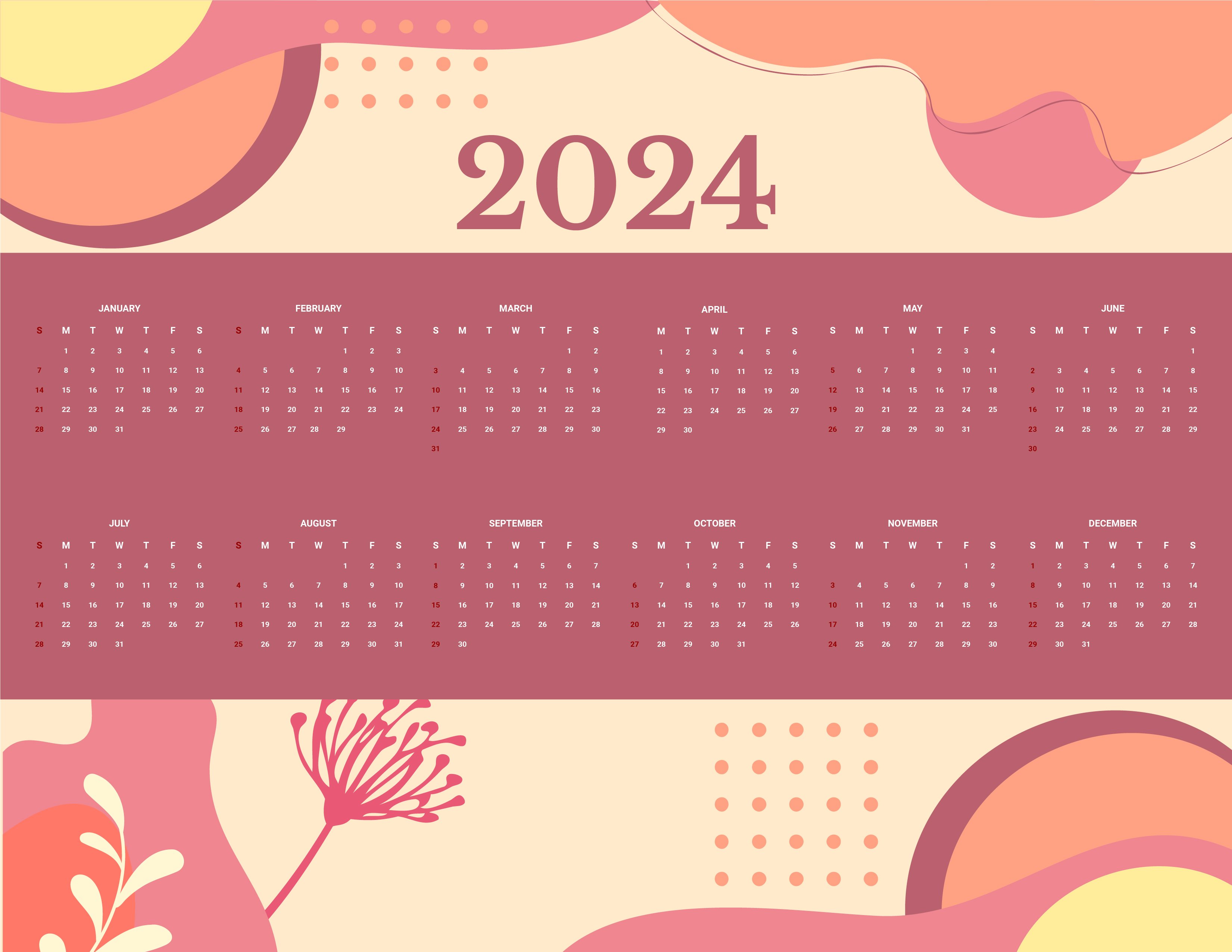 Year 2024 Calendar in Word, Google Docs, Illustrator, EPS, SVG, JPG