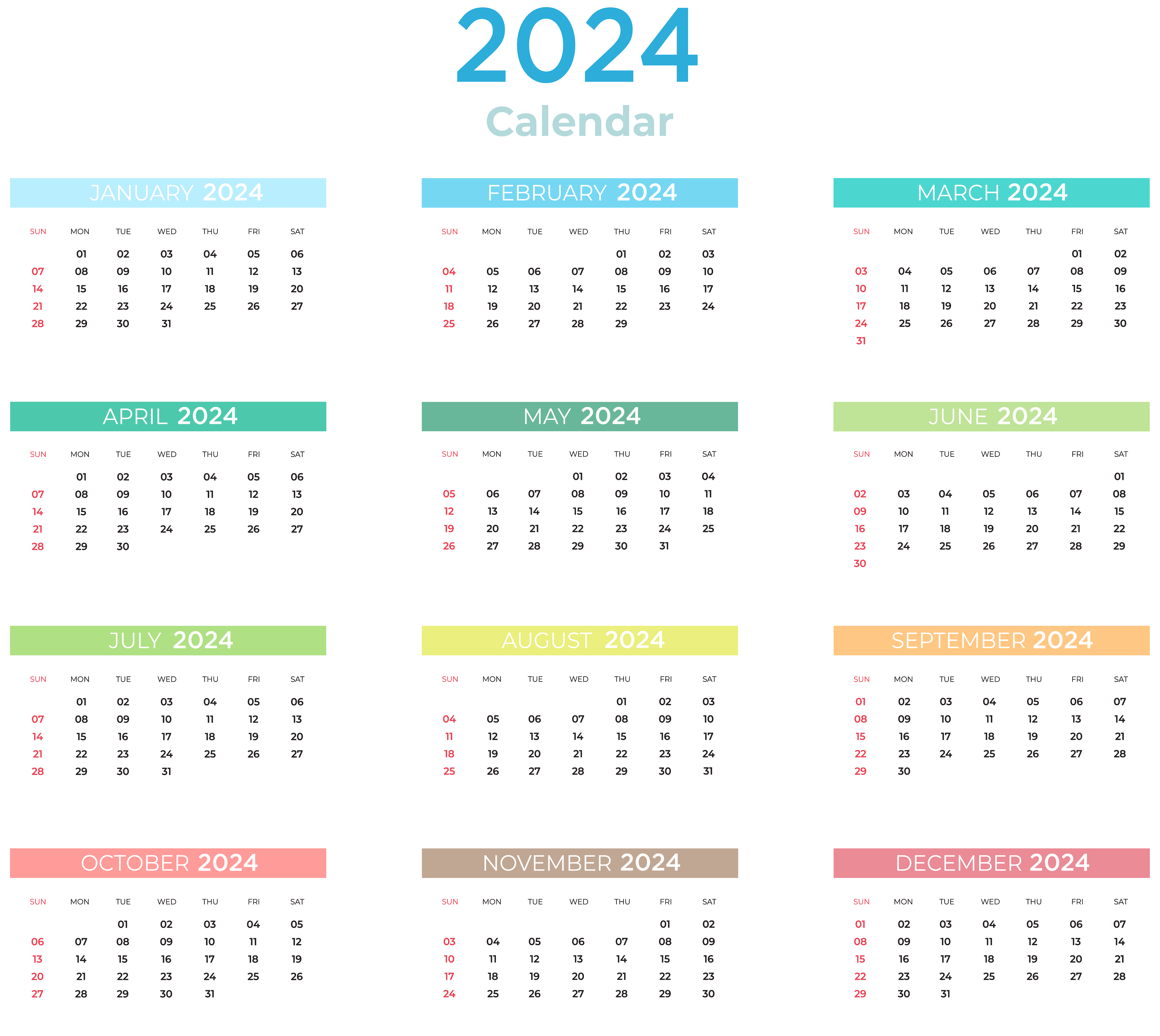 2024 US Calendar with Colors Transparent Clipart​-Quality Free Image and Transparent PNG Clipart