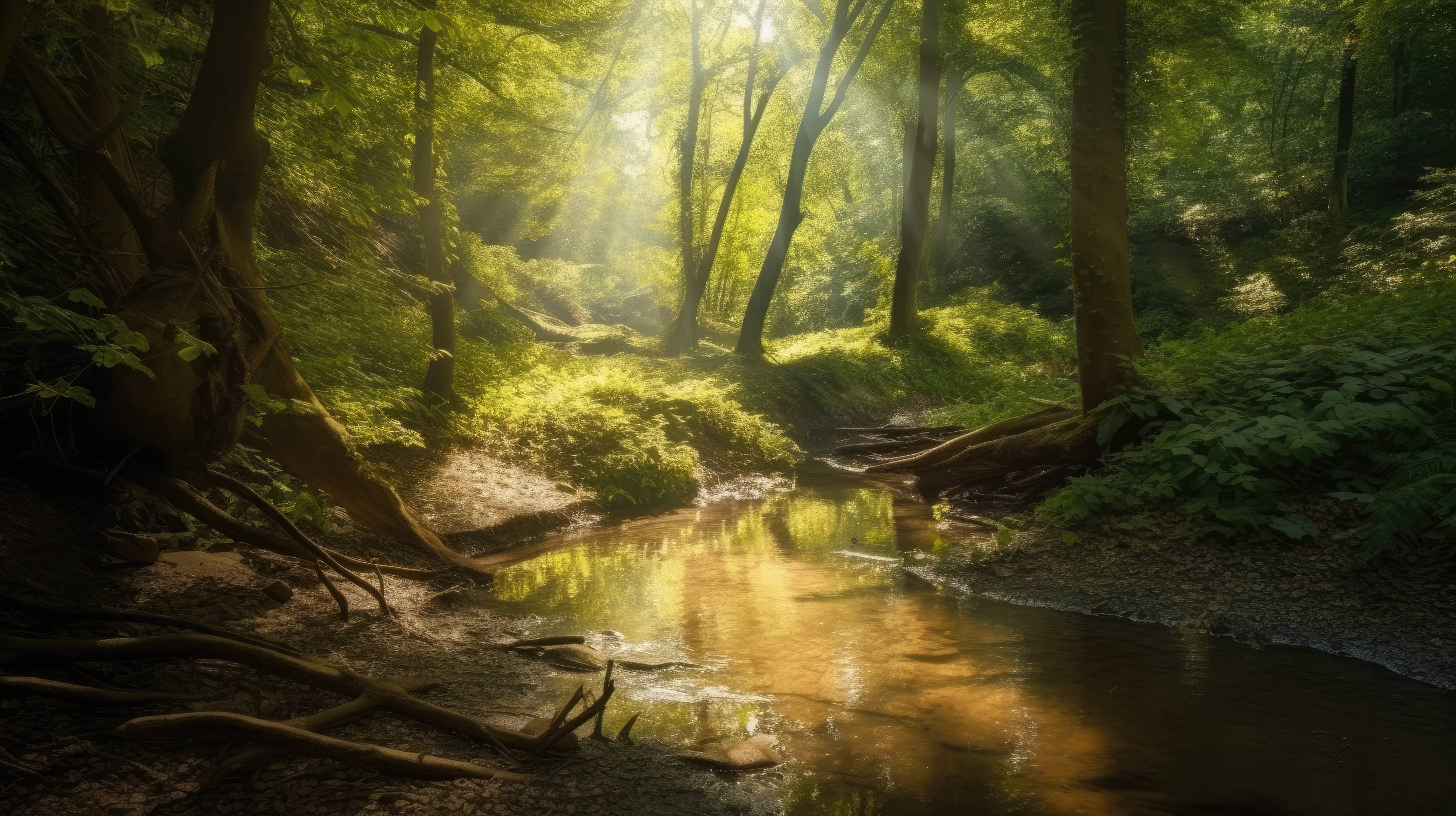 A 4K ultra HD wallpaper of a tranquil and lush forest glen, with rays of sunlight filteringes and casting dappled shadows on the ground, while a small stream flows