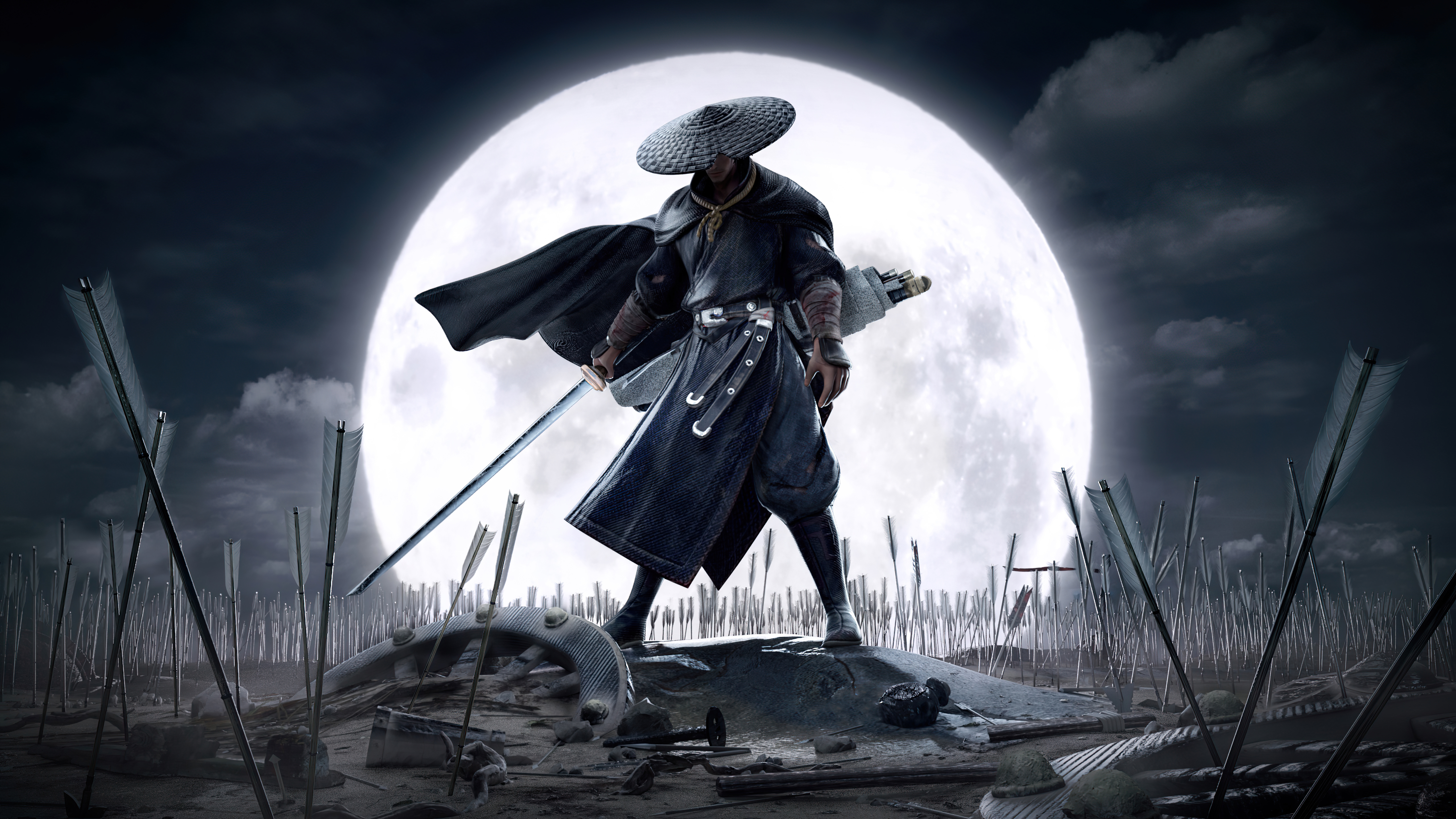 HD desktop wallpaper: Fantasy, Moon, Warrior, Samurai, Sword download free picture