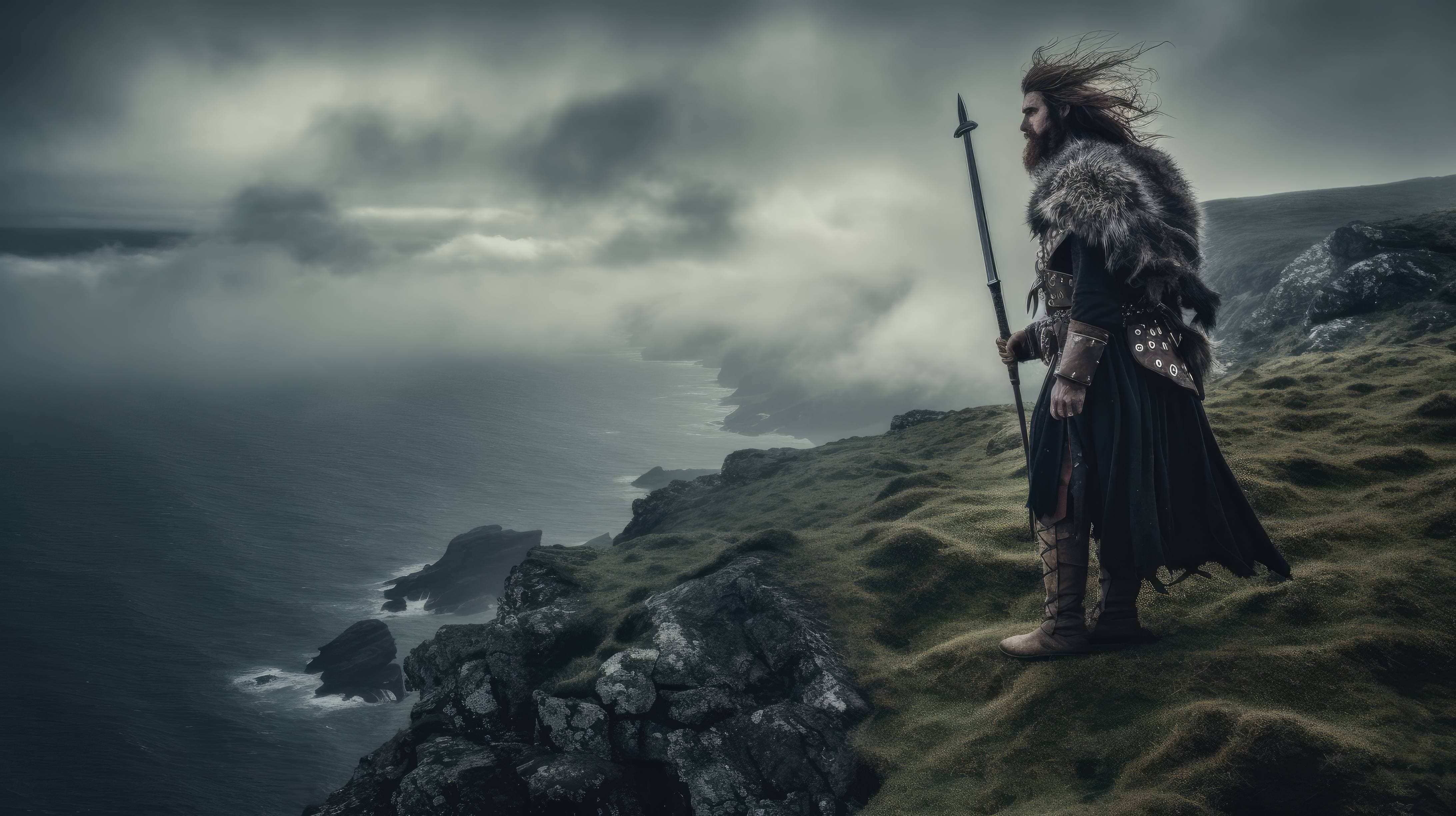 A 4K ultra HD wallpaper of a brave Celtic warrior, with his war paint and wild hair blowing in the wind, standing on the edge of a dramatic cliff overlooking the misty