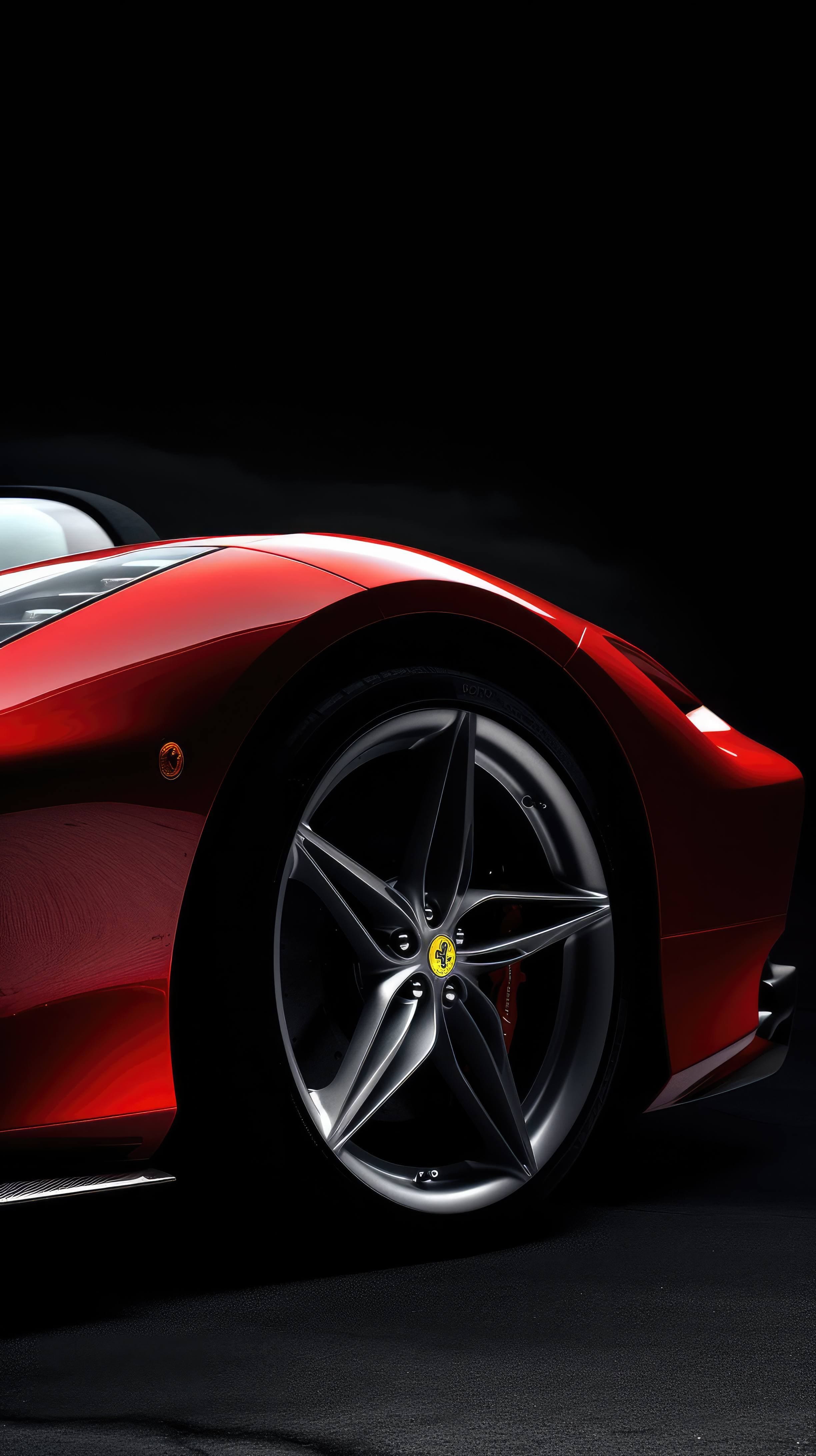 A dynamic mobile wallpaper featuring a 2019 Ferrari 488 Pista in vibrant red, zooming across a sleek, black background