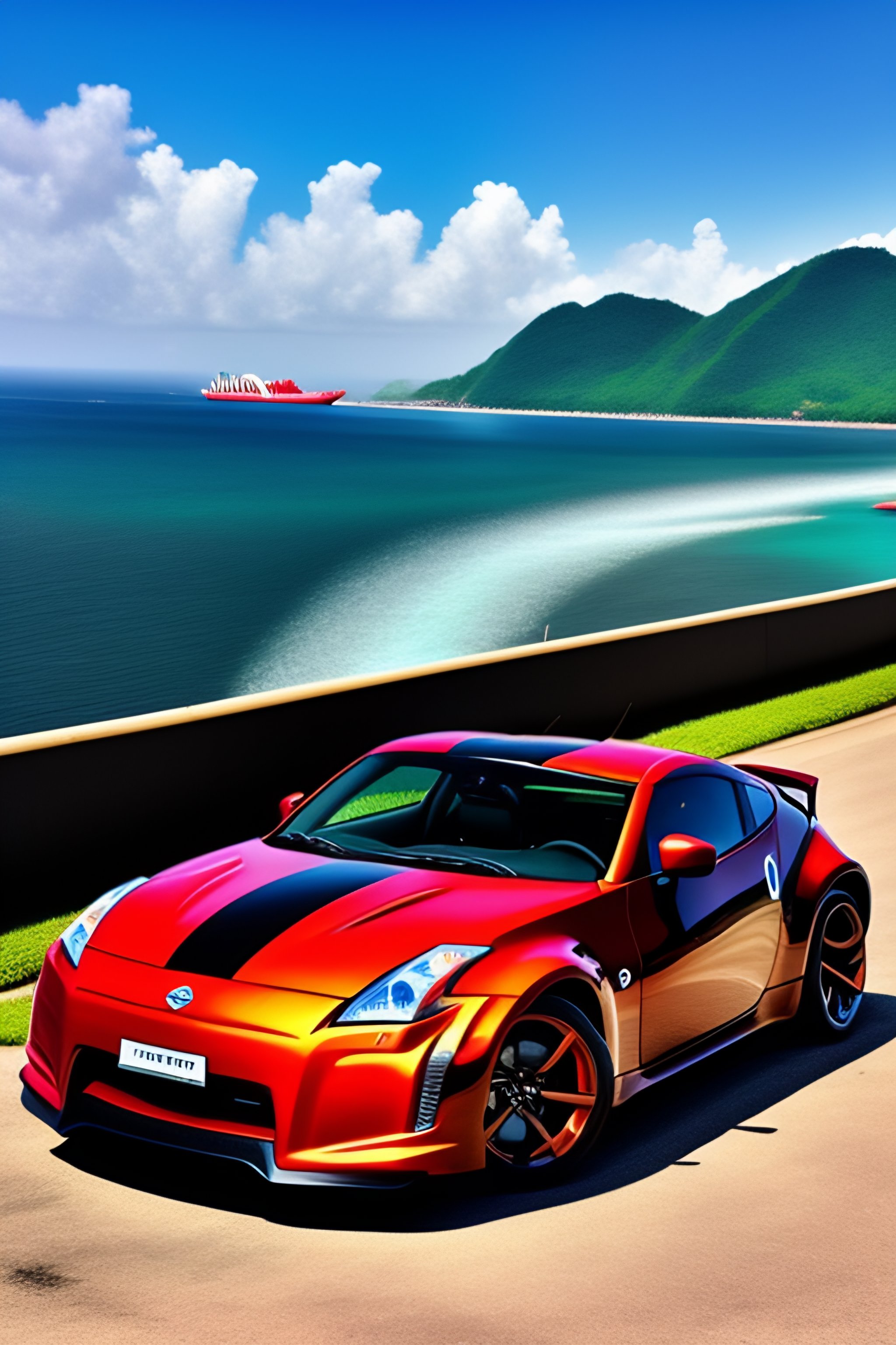 Red nissan 350z, panama canal on background
