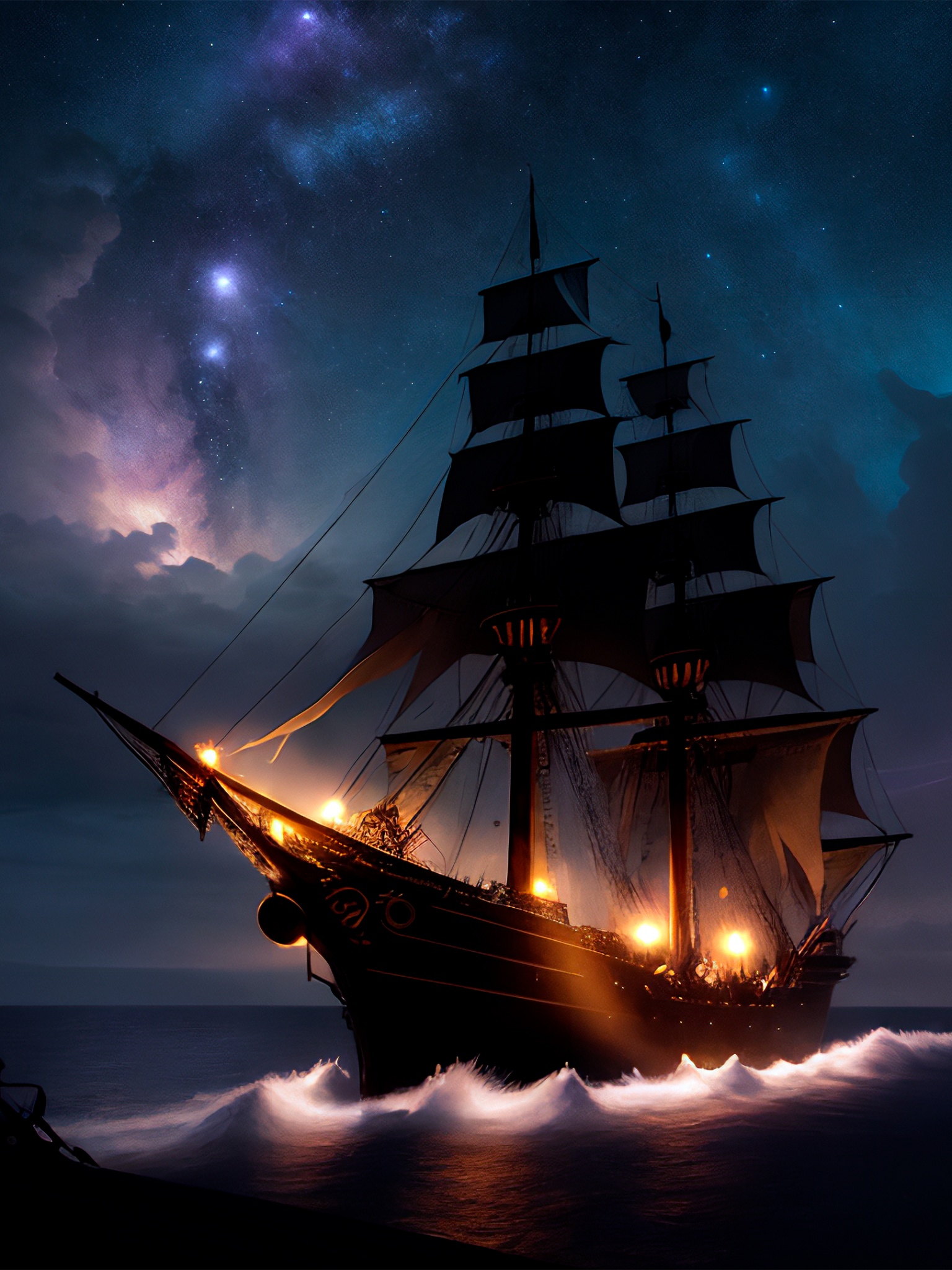 Ship Wallpaper 4K, Night, Storm, Clouds, Milky Way