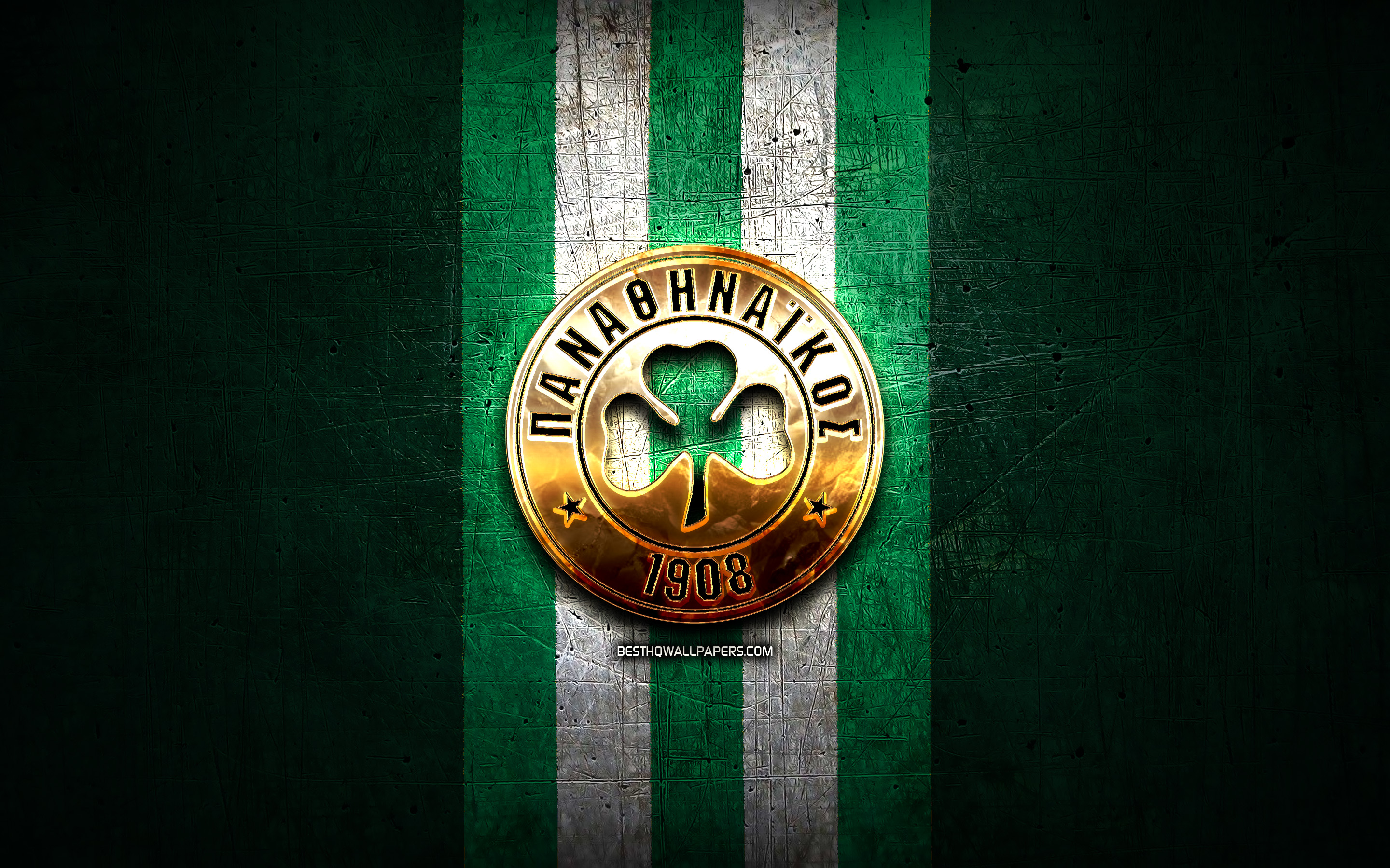 Download wallpaper Panathinaikos FC, golden logo, Super League Greece, green metal background, football, Panathinaikos, greek football club, Panathinaikos logo, soccer, Greece for desktop with resolution 2880x1800. High Quality HD picture wallpaper