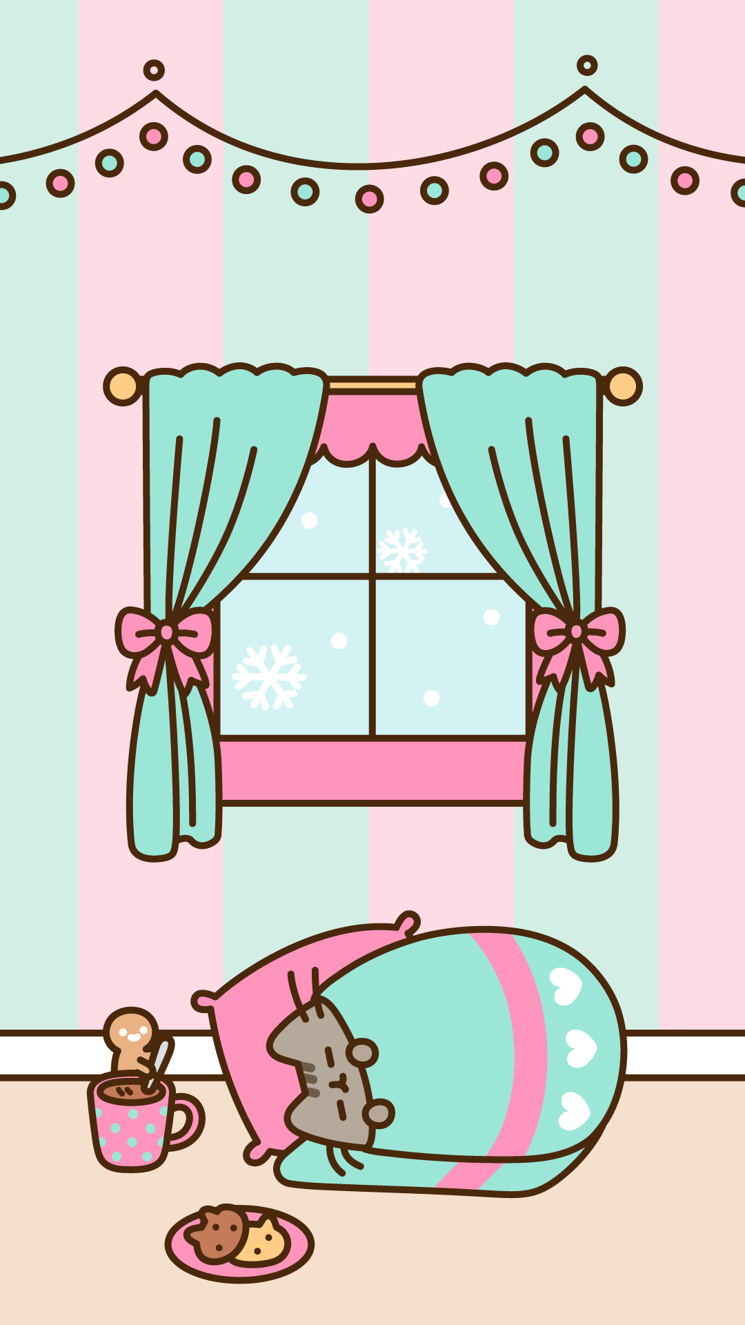 Wallpaper Pusheen, Christmas Day, Green, Pink, Line, Background Free Image