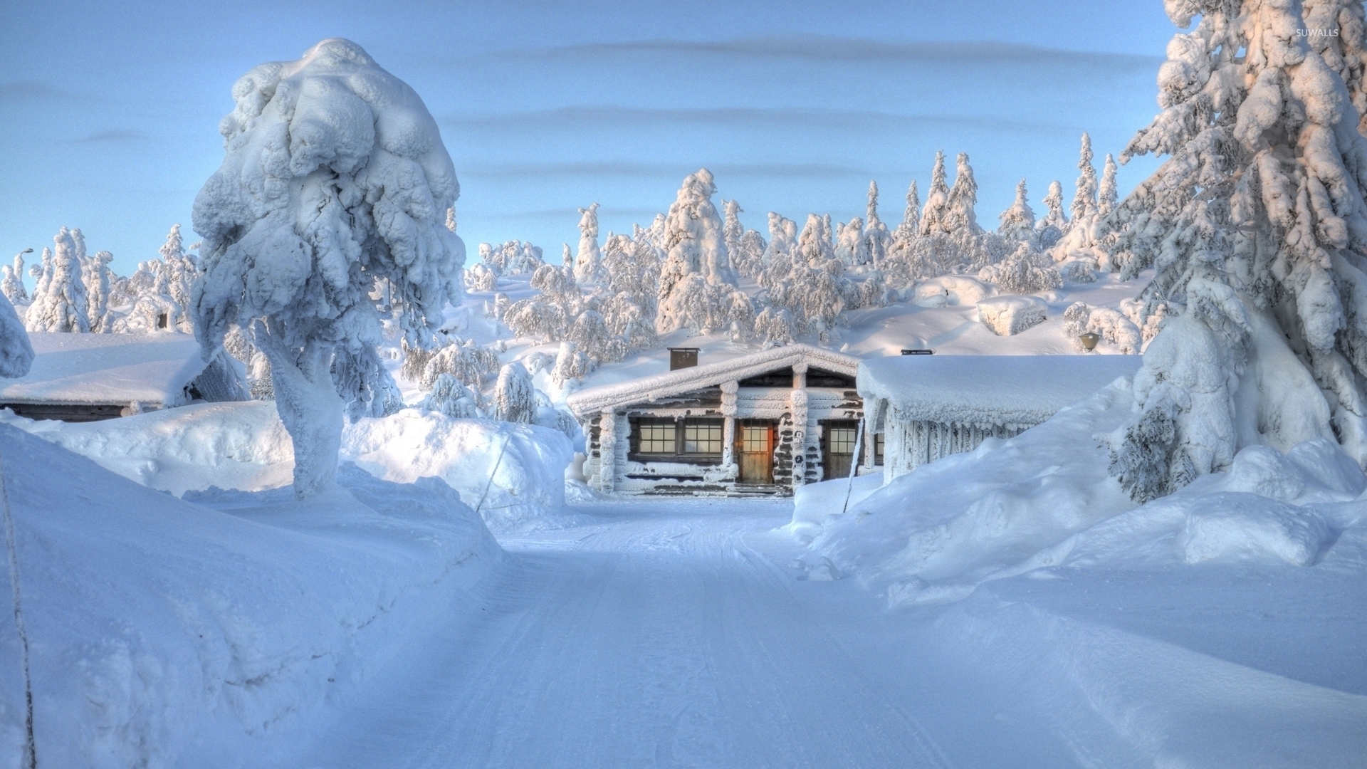 Cozy small hut under the thick snow wallpaper wallpaper