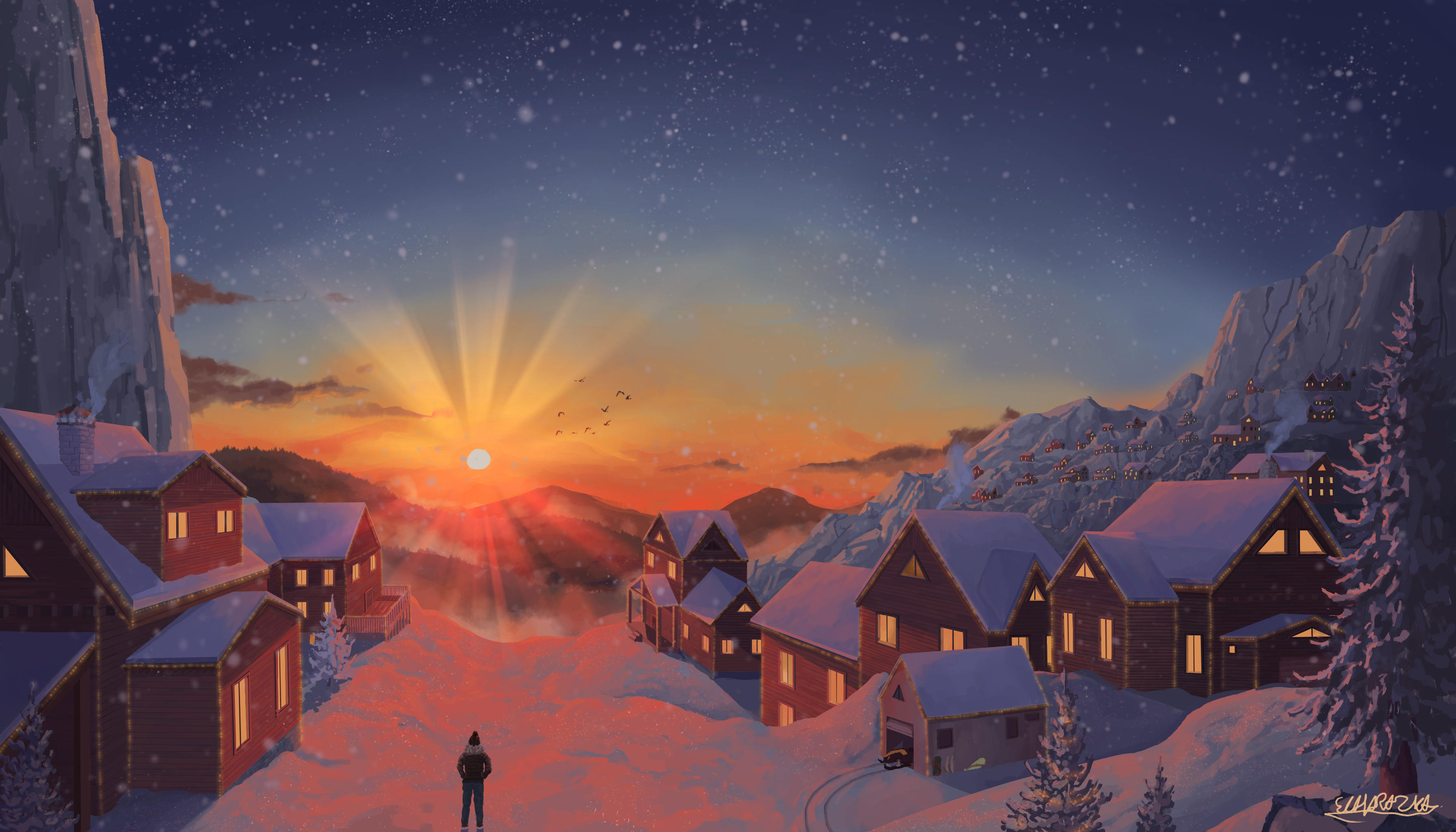 Cozy Winter Sunrise: Artistic HD Wallpaper Warmth in the Snow