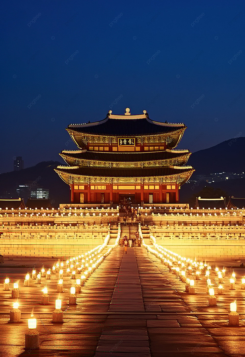 Pyeongchang Palace Lit Up At Dusk Background Wallpaper Image For Free Download