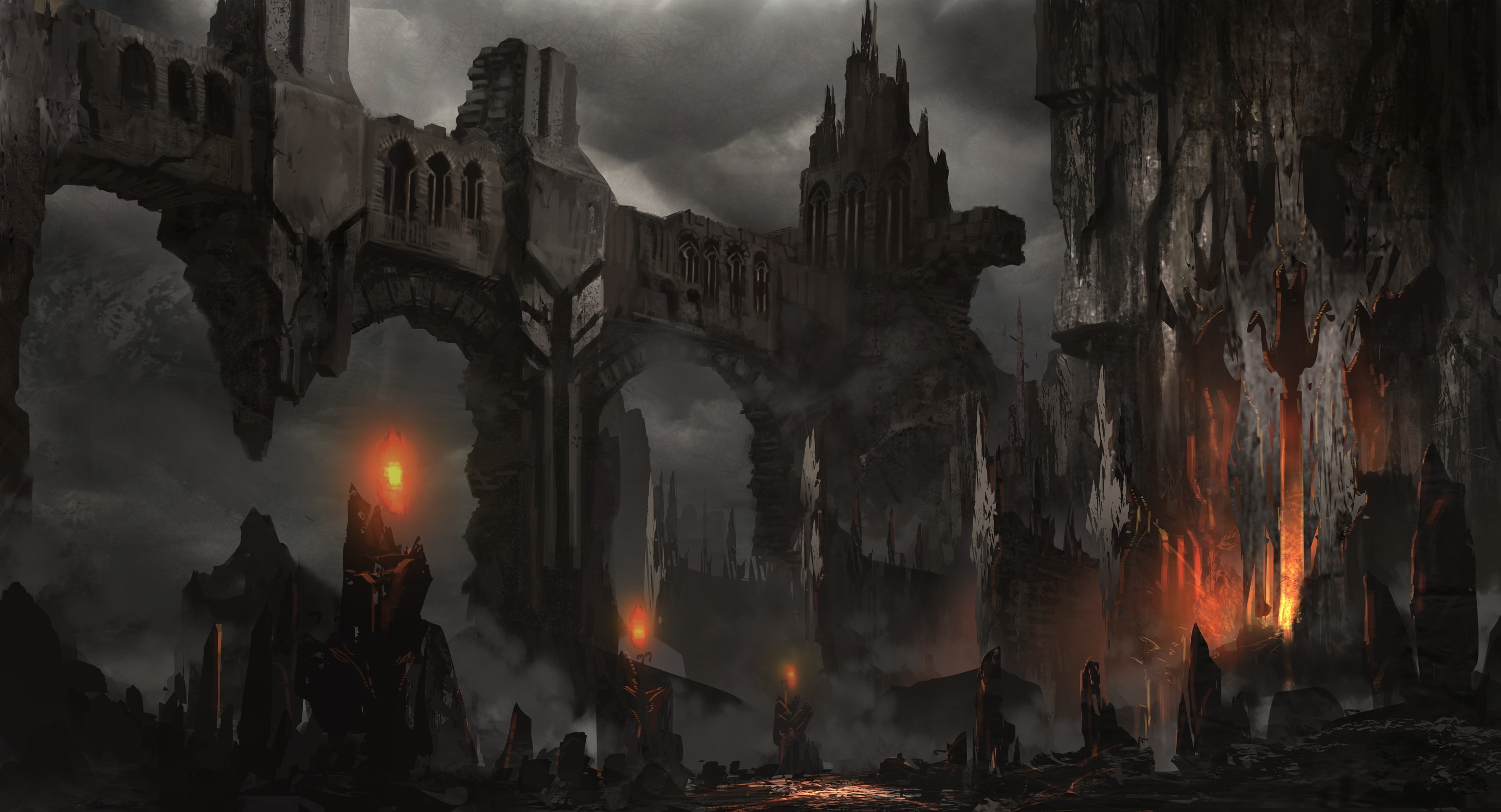 Fantasy art landscapes decay ruins castle fire dark horror wallpaperx1624