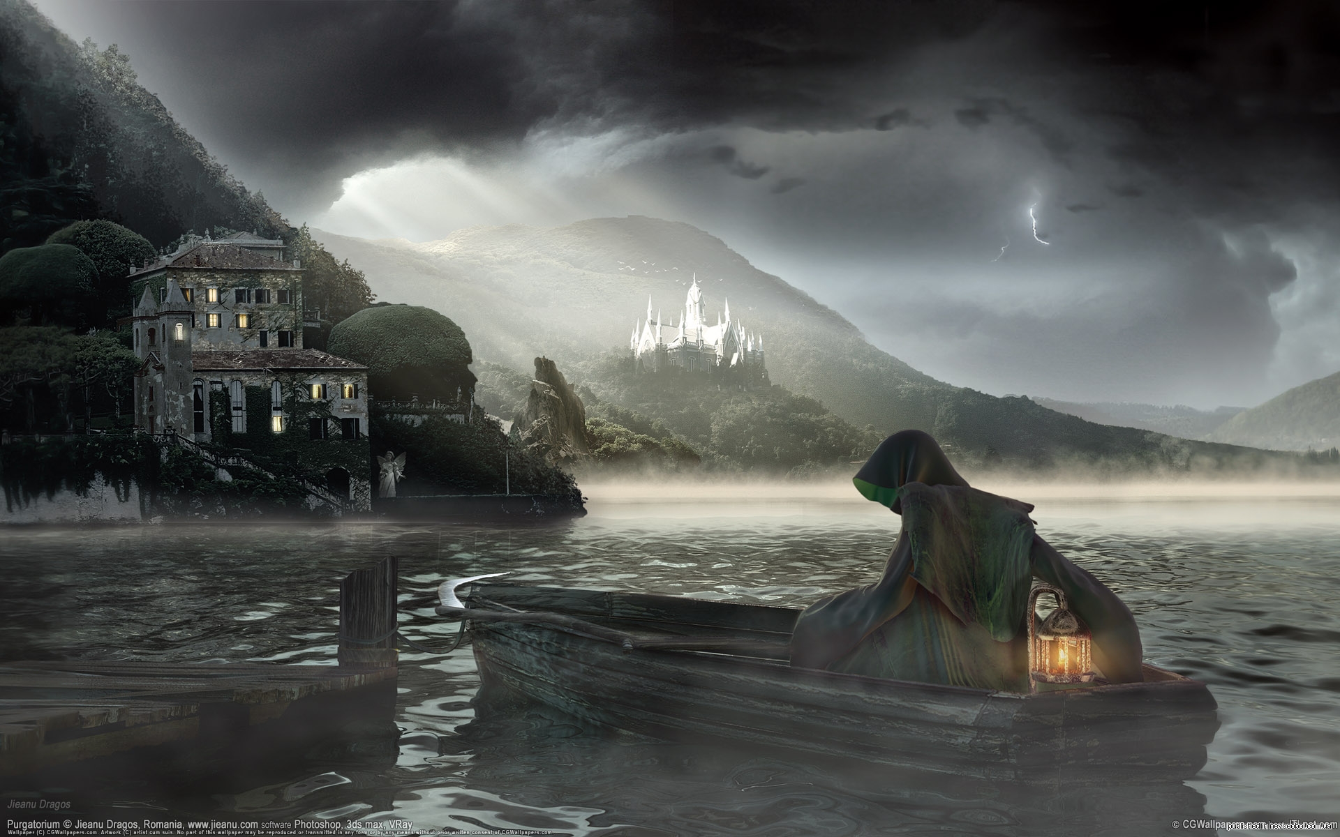 Dark horror fantasy gothic castle lamp reaper boat landscapes wallpaperx1200