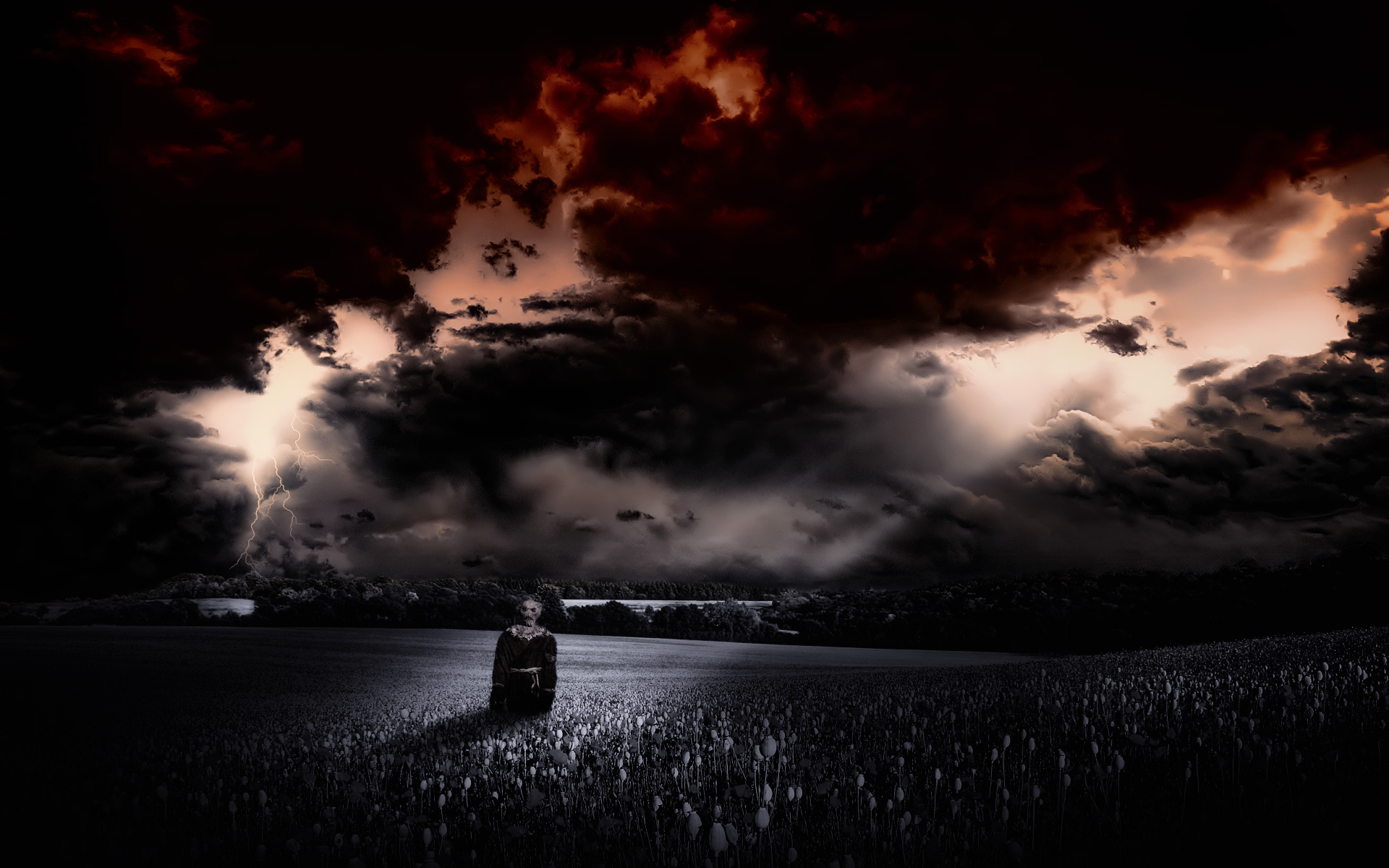 Dark horror scary creepy spooky halloween landscapes nature fields gothic manipulation sky clouds plants scarecrow cg digital art wallpaperx1200
