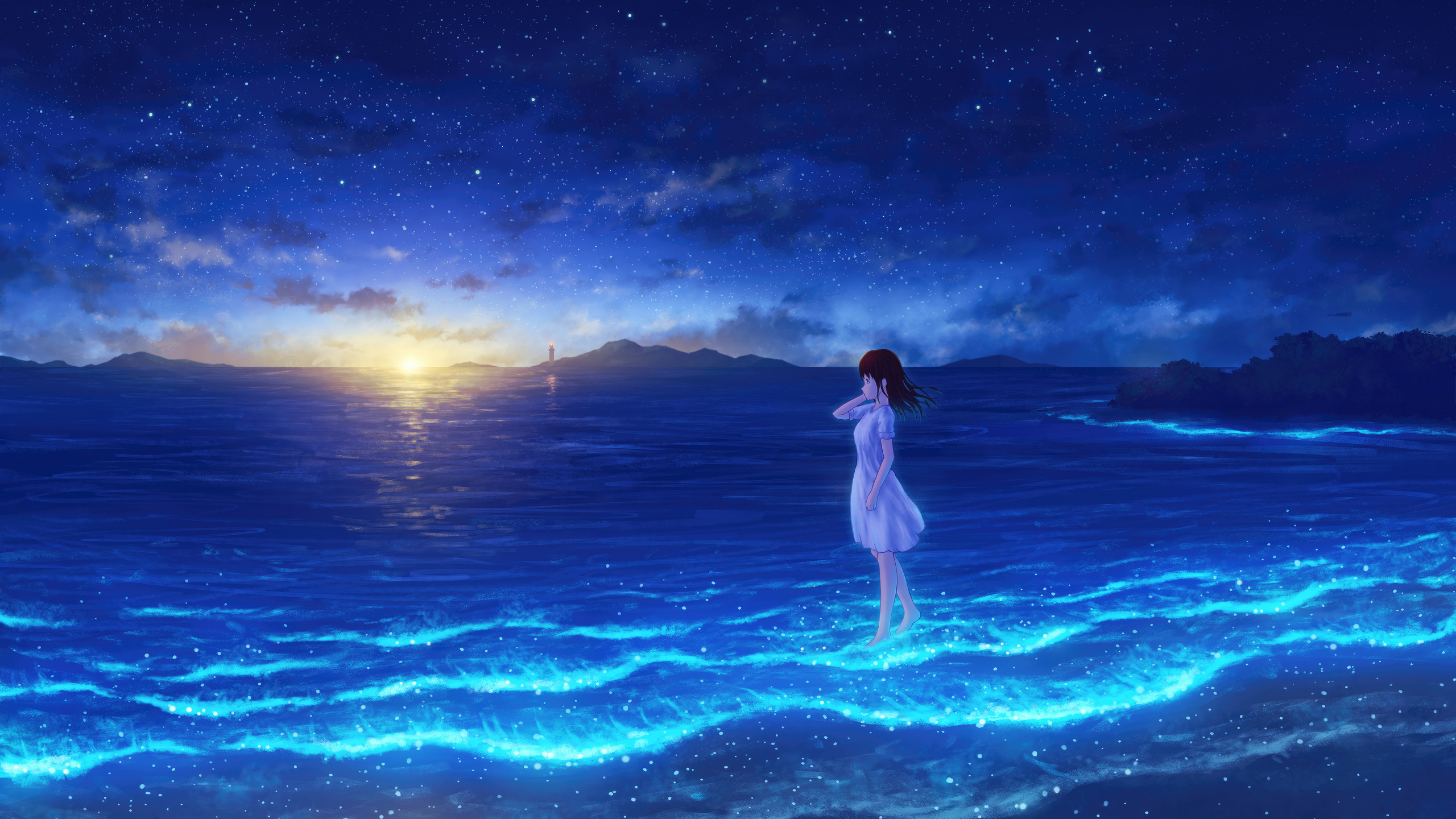Whispers Of The Night Sea Anime Maiden In Moonlight 1440P Resolution HD 4k Wallpaper, Image, Background, Photo and Picture