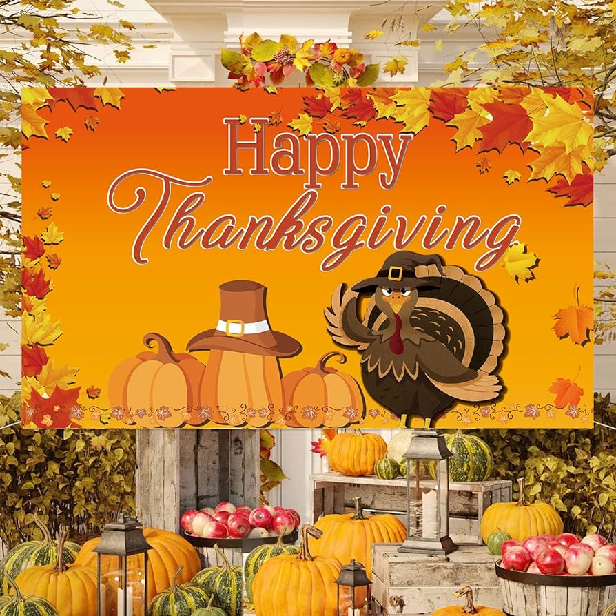 Fecedy Happy Thanksgiving Hanging Extra Large Fabric Sign Poster Background Banner with Pumpkin Maple Leaves Turkey Pattern for Thanksgiving Day Autumn Harvest Decorations 43.3x70.8