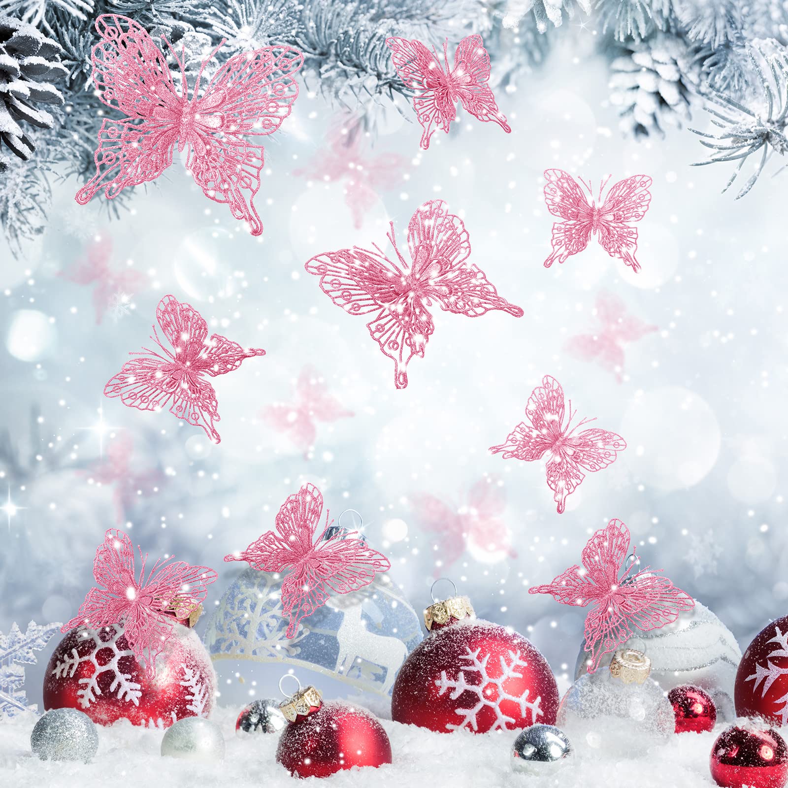 Pcs 3 Size Glitter Hollow Butterfly Ornaments Hanging Decorations with Clips and Stems for Xmas Holiday Crafts and Christmas Tree (Pink), Home & Kitchen