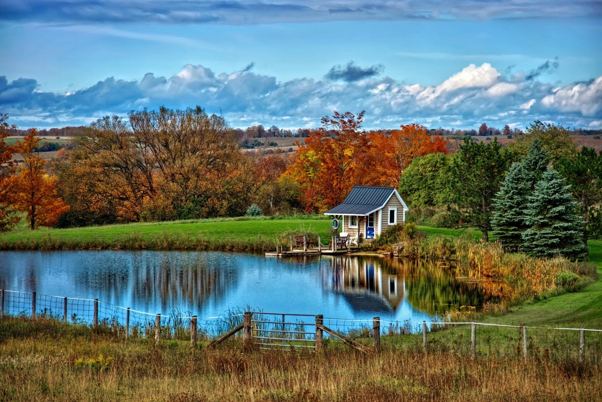 Landscape nature autumn lake house clouds trees wallpaperx1368