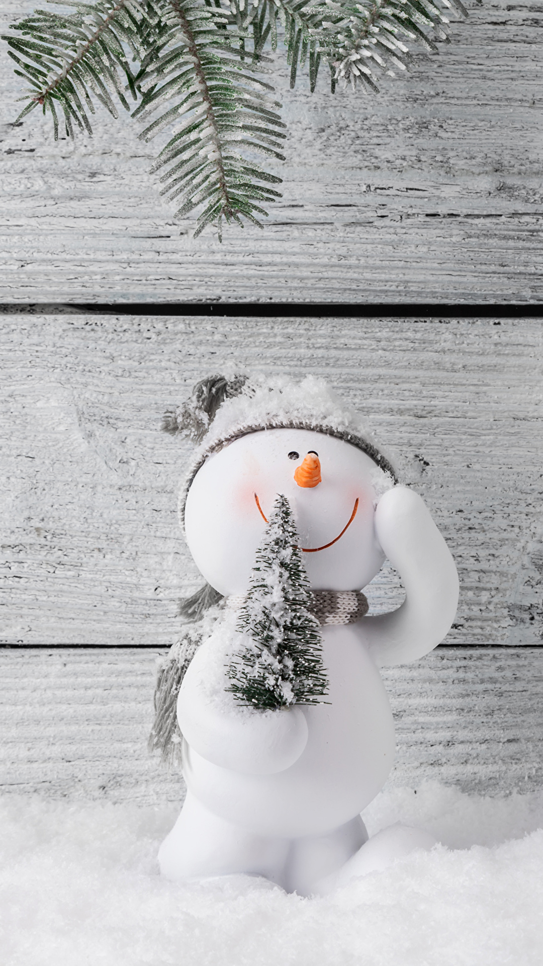 Wallpaper New year New Year tree Snow Snowman walls boards 1080x1920