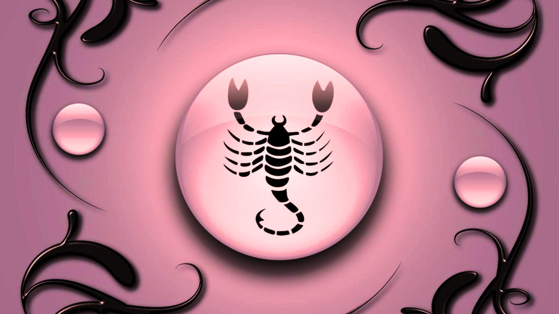 Scorpio on a pink background with black ornament Desktop wallpaper 1920x1080