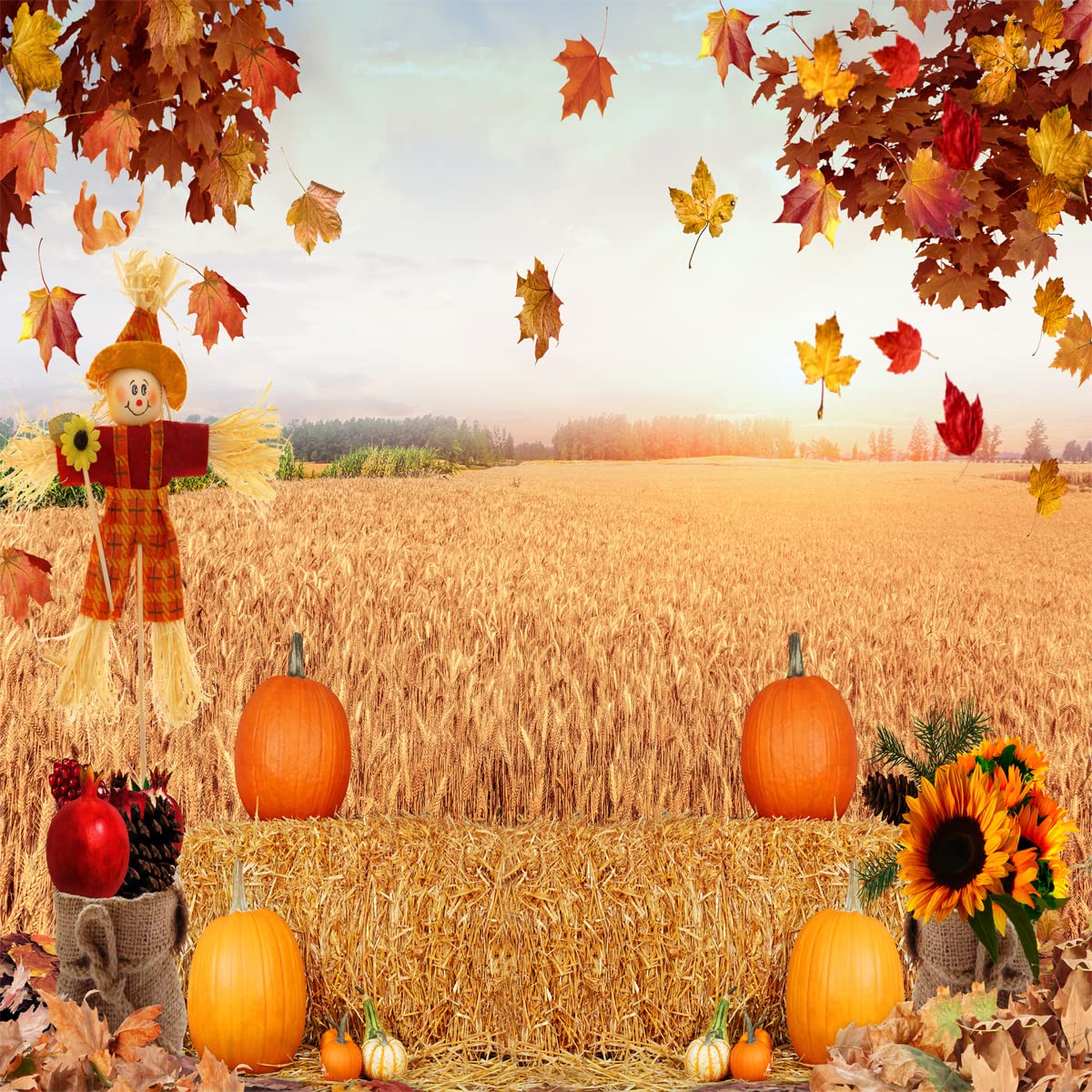Amazon.com, LYWYGG 8x8FT Thanksgiving Party Backdrop Autumn Maples Leaves Harvest Backdrops Fall Hay Yellow Leaves Sunflower Background Photo Studio Booth Props CP 368 0808