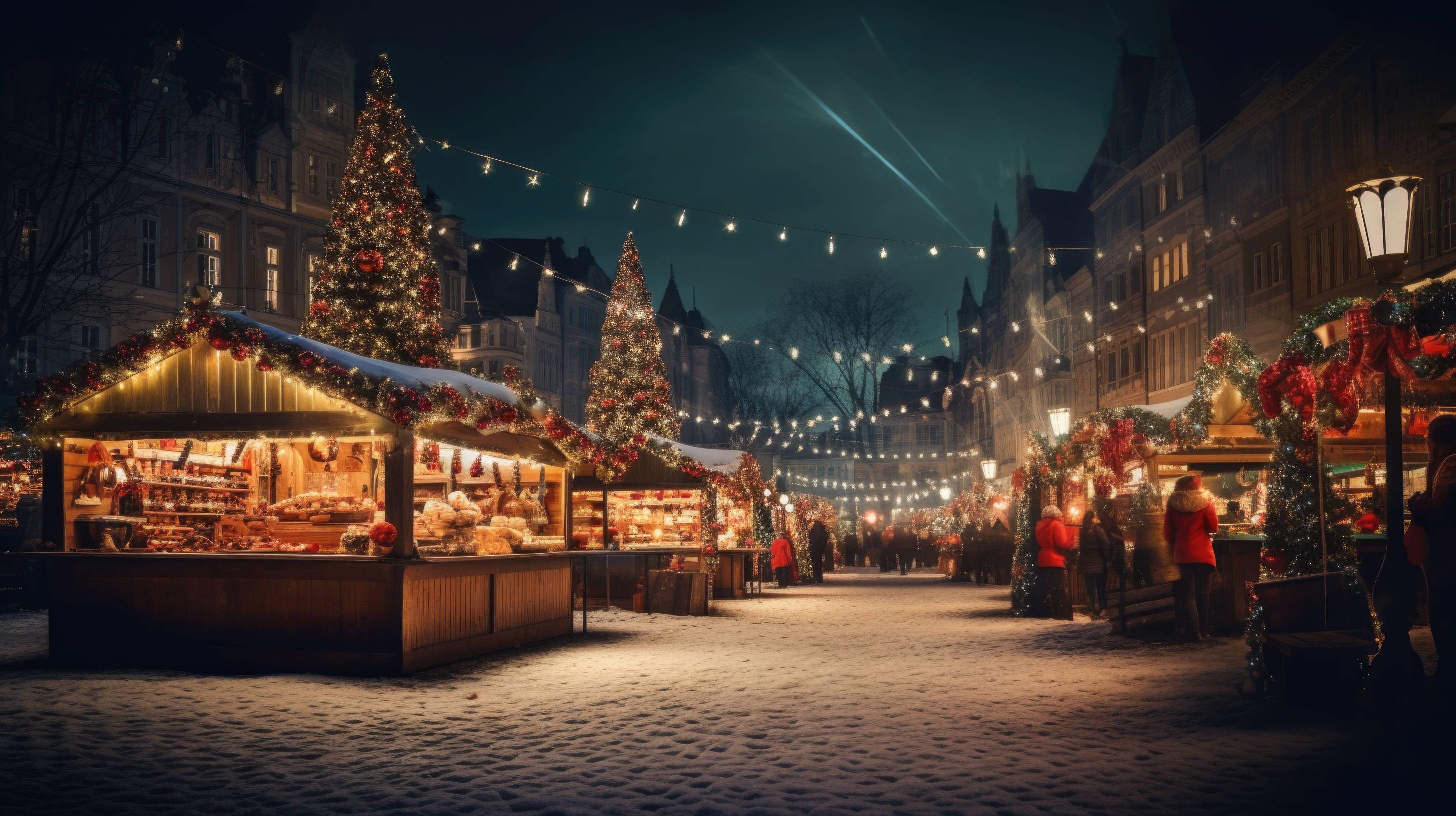 A desktop wallpaper of a Christmas market